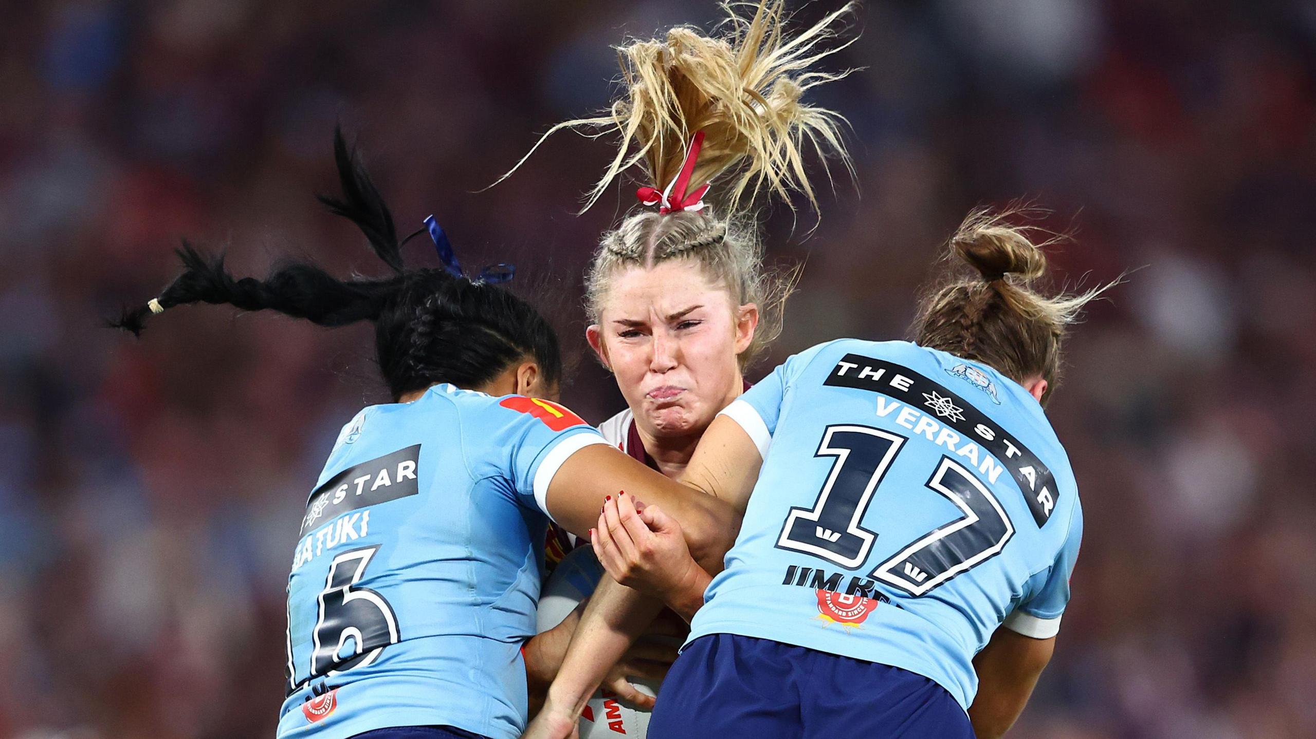 Queensland Maroons' Makenzie Weale is tackled during game one of the Women's State of Origin series between the and New South Wales Blues at Suncorp Stadium in Brisbane, Australia