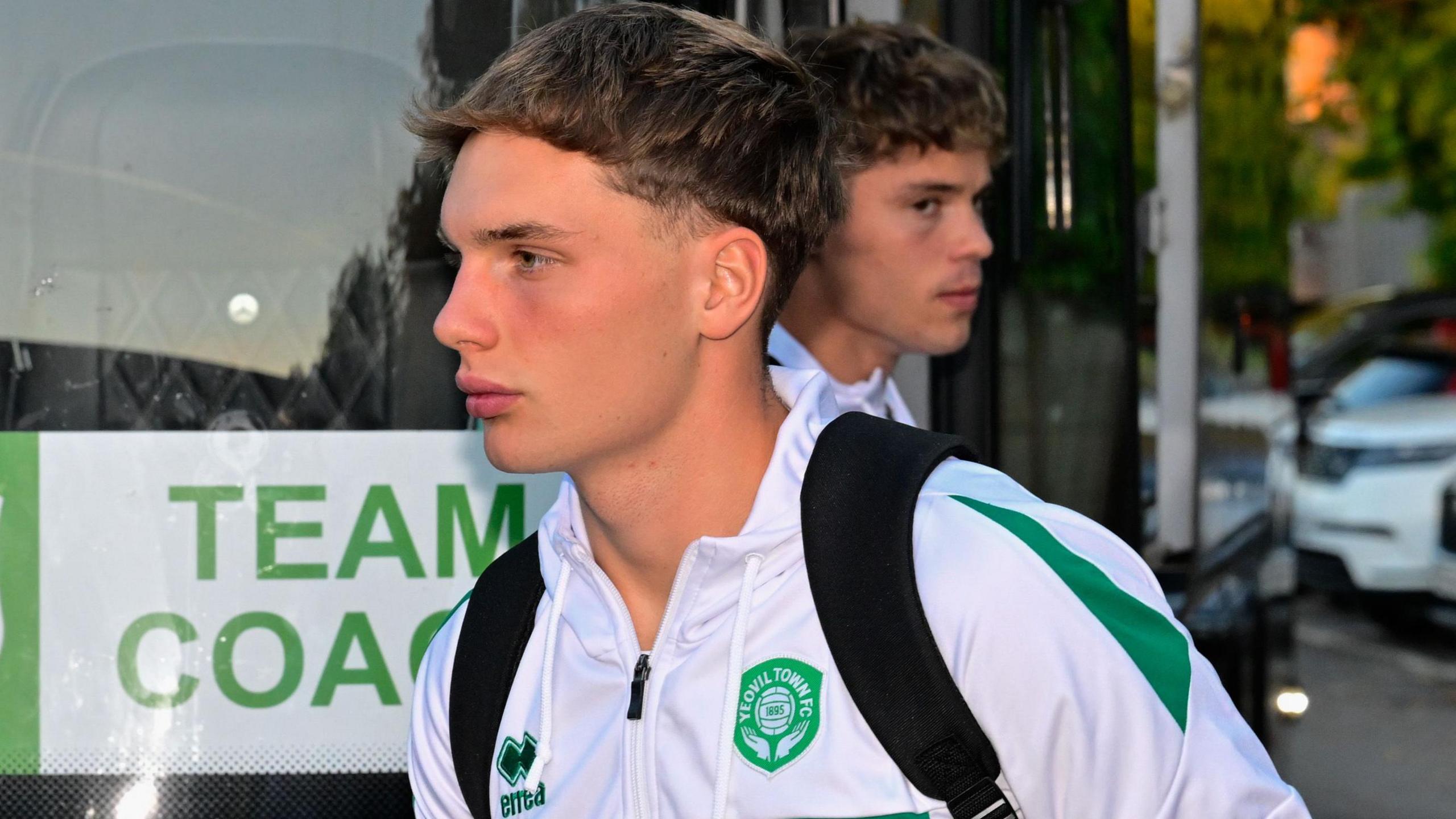 Ben Wodskou leaves the Yeovil Town team bus following by another player during a loan spell with the Somerset club earlier this season
