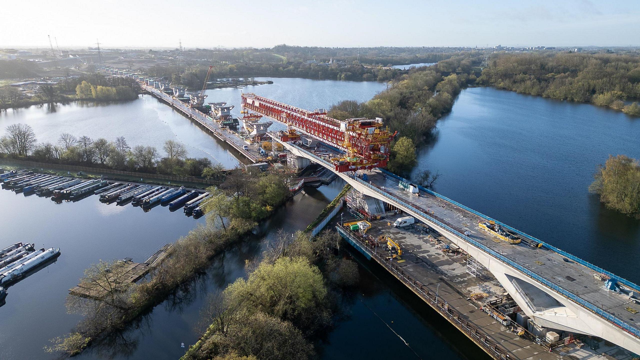 An ariel view of the viaduct as it is constructed over the grand union canal 