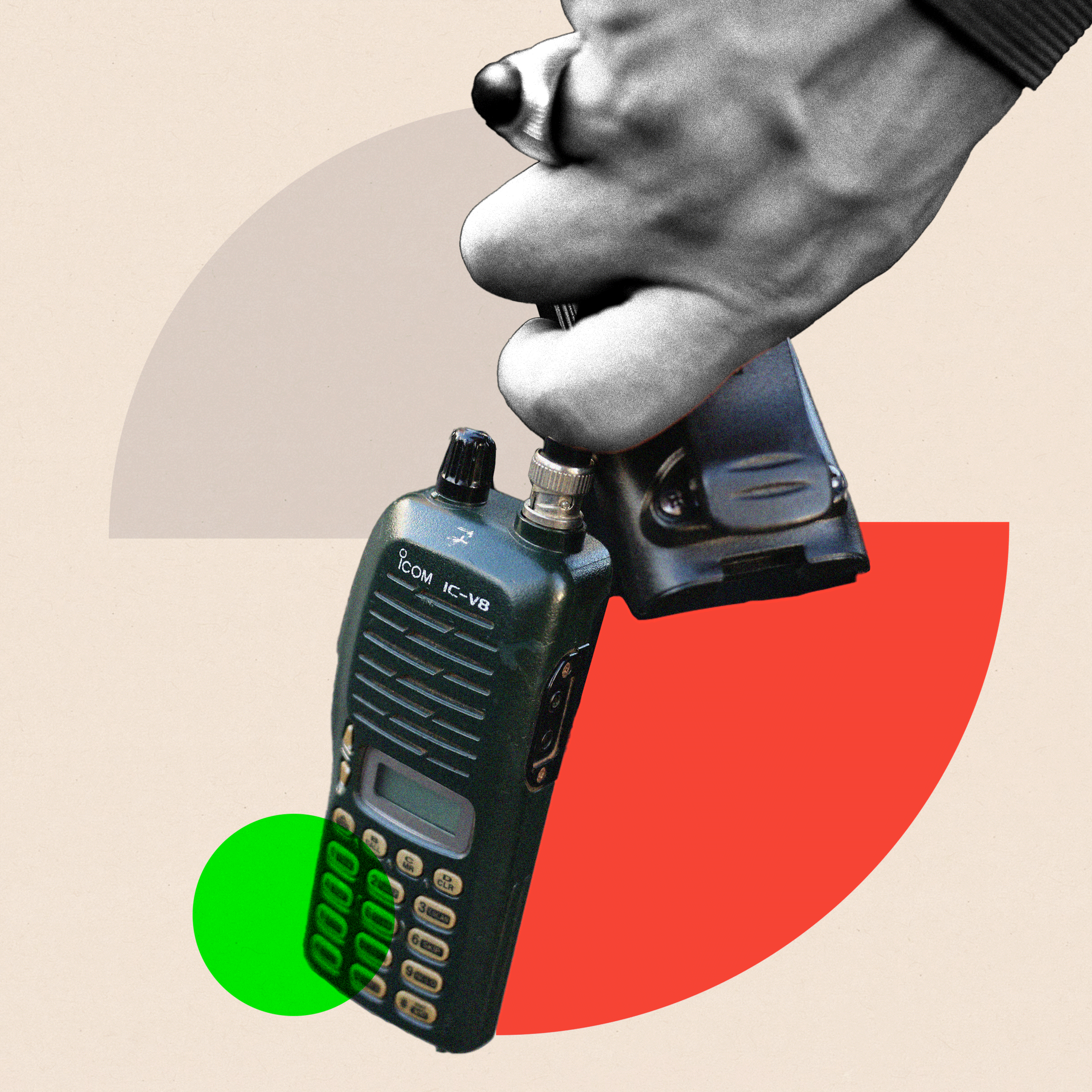 Montage: A man holds an Icom walkie talkie device after the attacks in Lebanon