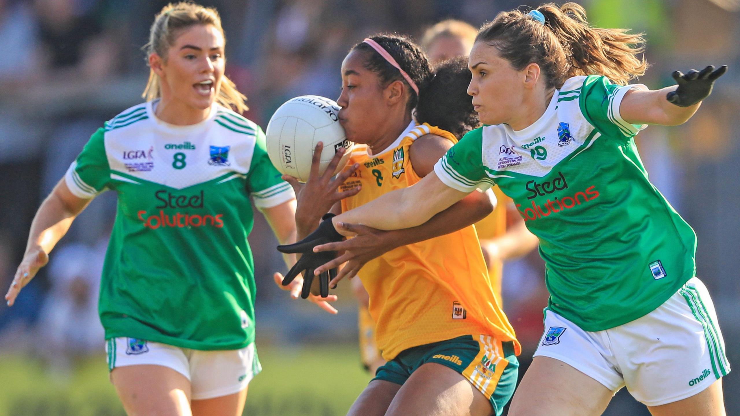 Antrim's Lara Dahunsi battles with Fermanagh's Nuala Curran in the 2022 All-Ireland Junior Final replay