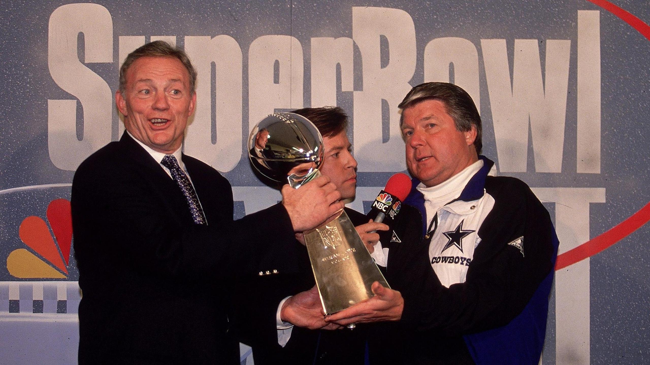 Dallas Cowboys owner Jerry Jones with head coach Jimmy Johnson after winning the Super Bowl