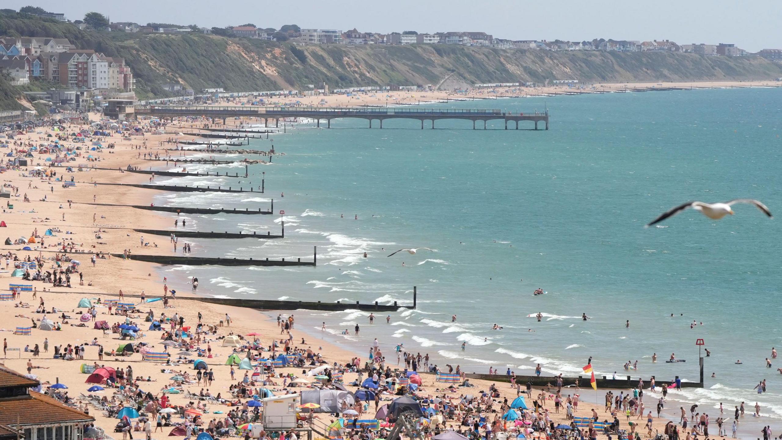Bournemouth's beach with groynes stretching into the water. There are lots of people in the sea and packed onto the sand. It is a sunny day.