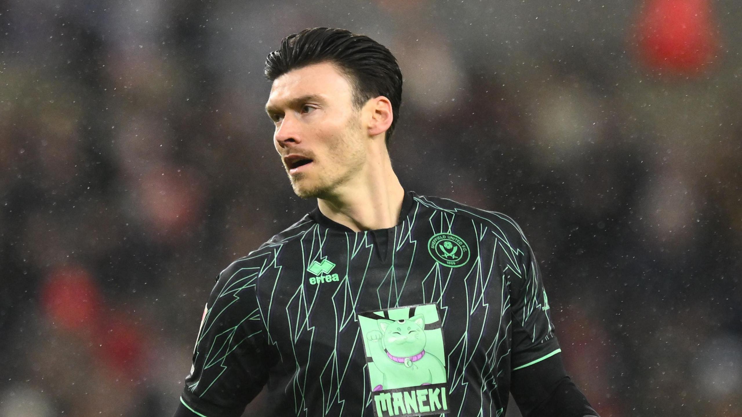 Sheffield United striker Kieffer Moore playing for Sheffield United on New Year's Day