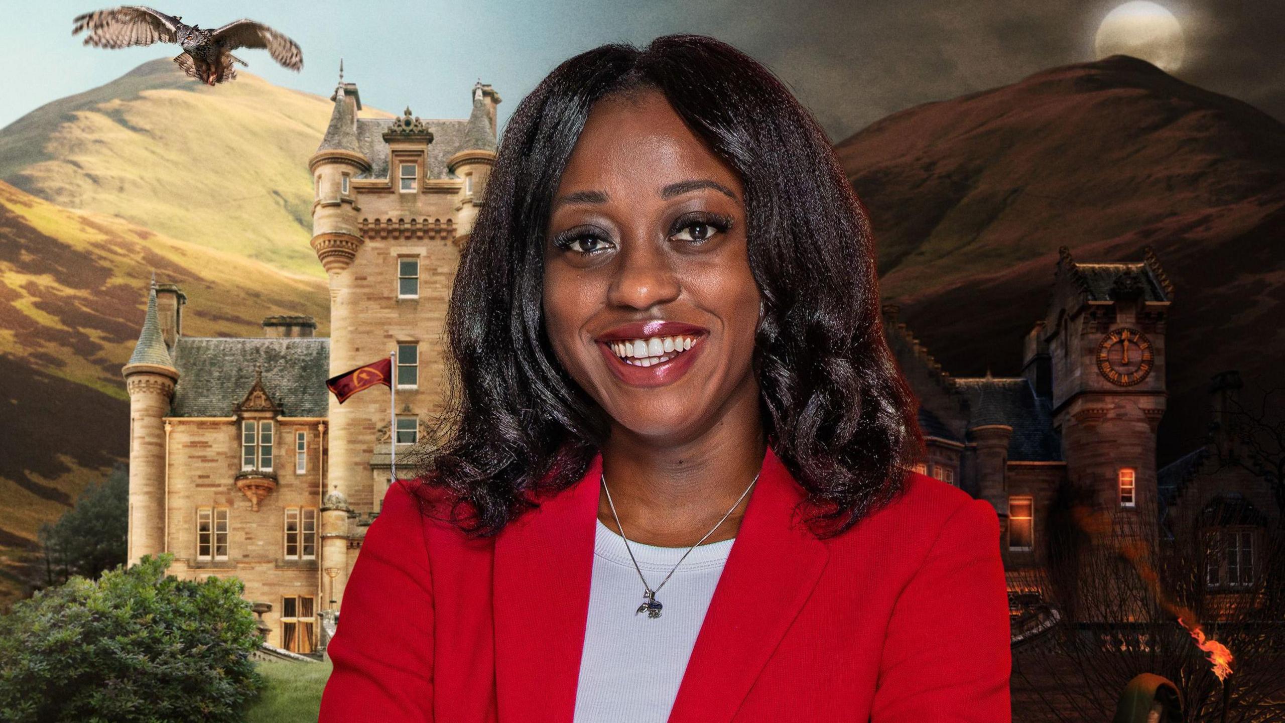 Minah wears a red blazer and white t shirt, she smiles at the camera in a promo image for this year's Traitors series