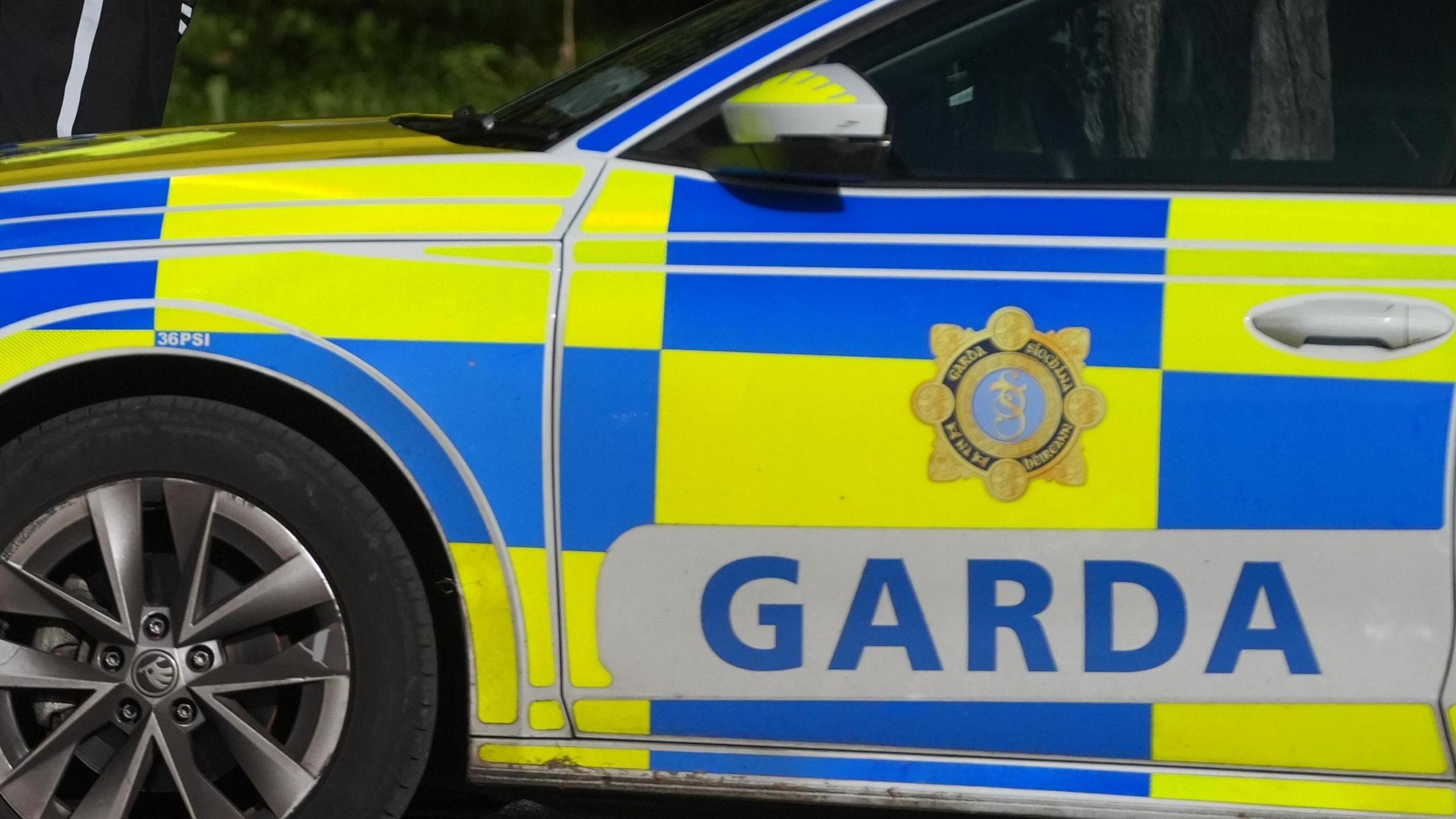 A yellow and blue garda vehicle with silver alloys and wing mirrors.