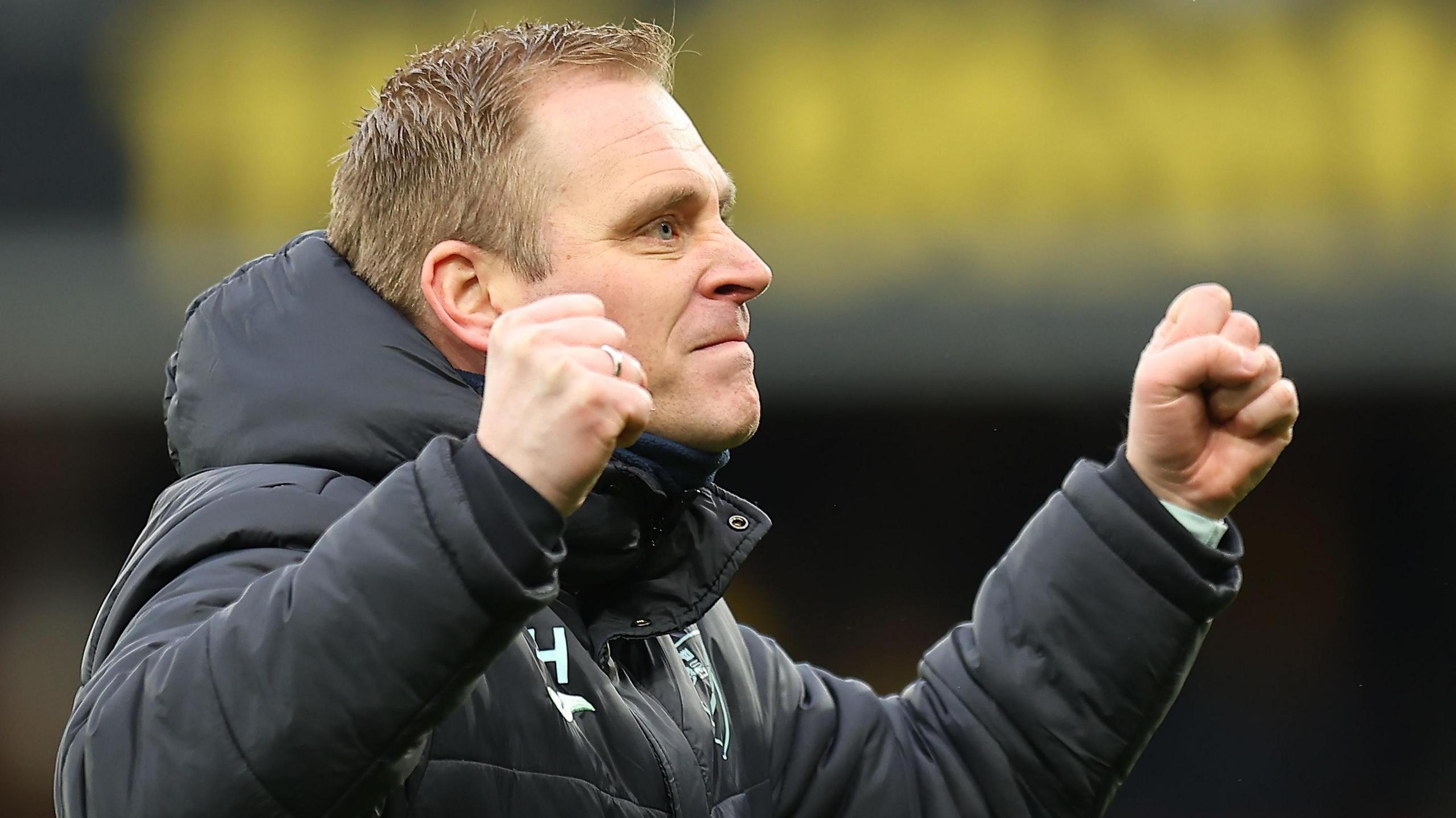 Norwich City boss Johannes Hoff Thorup's celebrates his side's win over Watford at Vicarage Road 