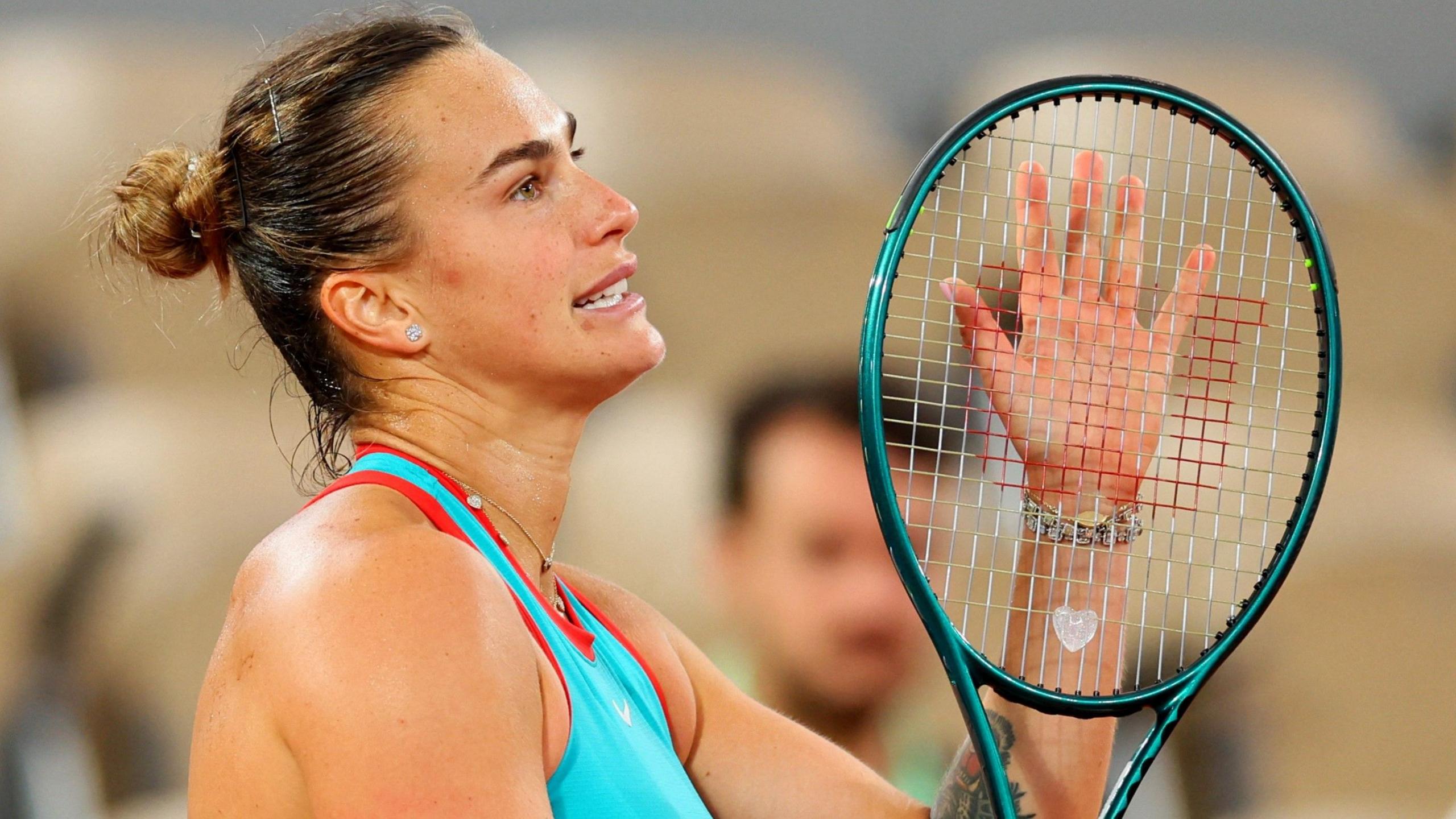 Aryna Sabalenka celebrates victory over Kamilla Rakhimova in the French Open first round