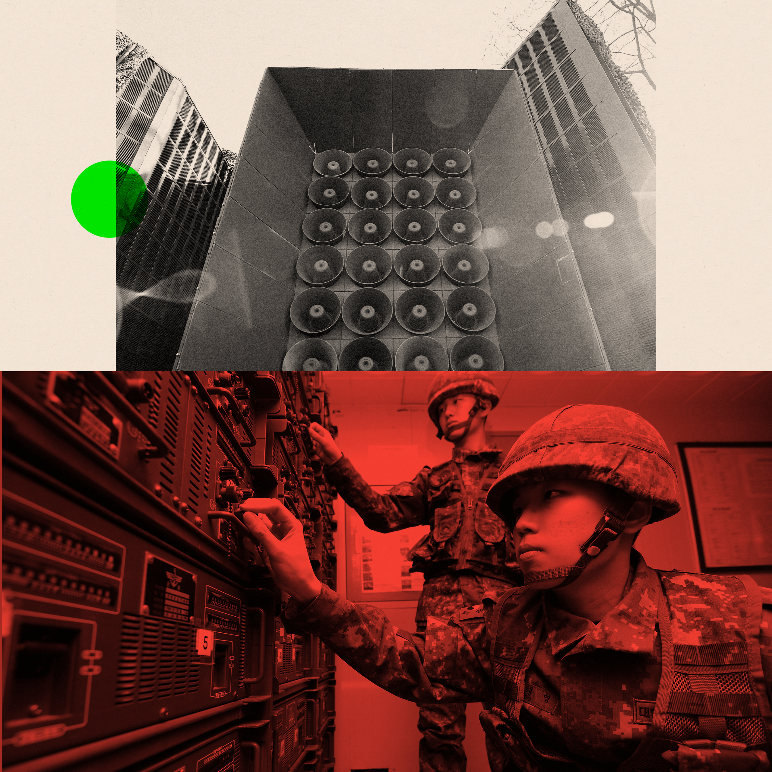 A montage image showing a large speaker on the border, as well as soldiers