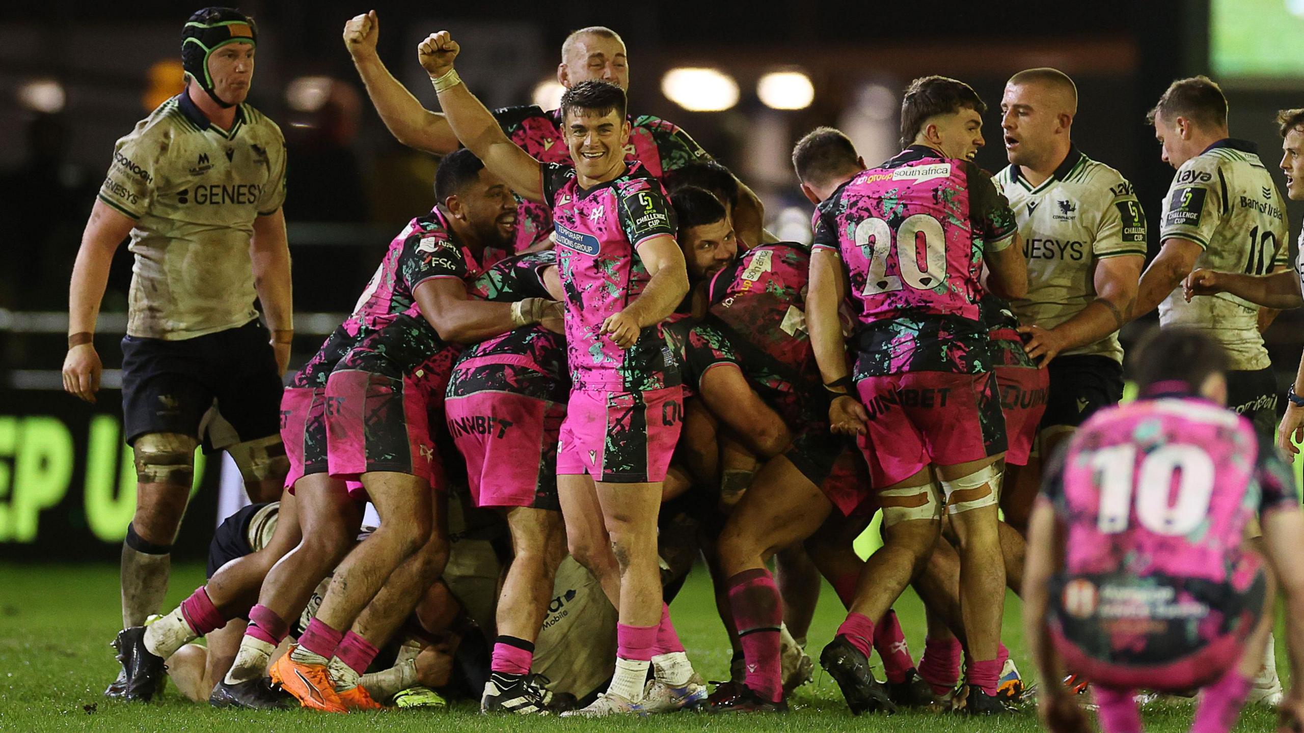 Ospreys celebrate after the final whistle goes in their Challenge Cup win against Connacht
