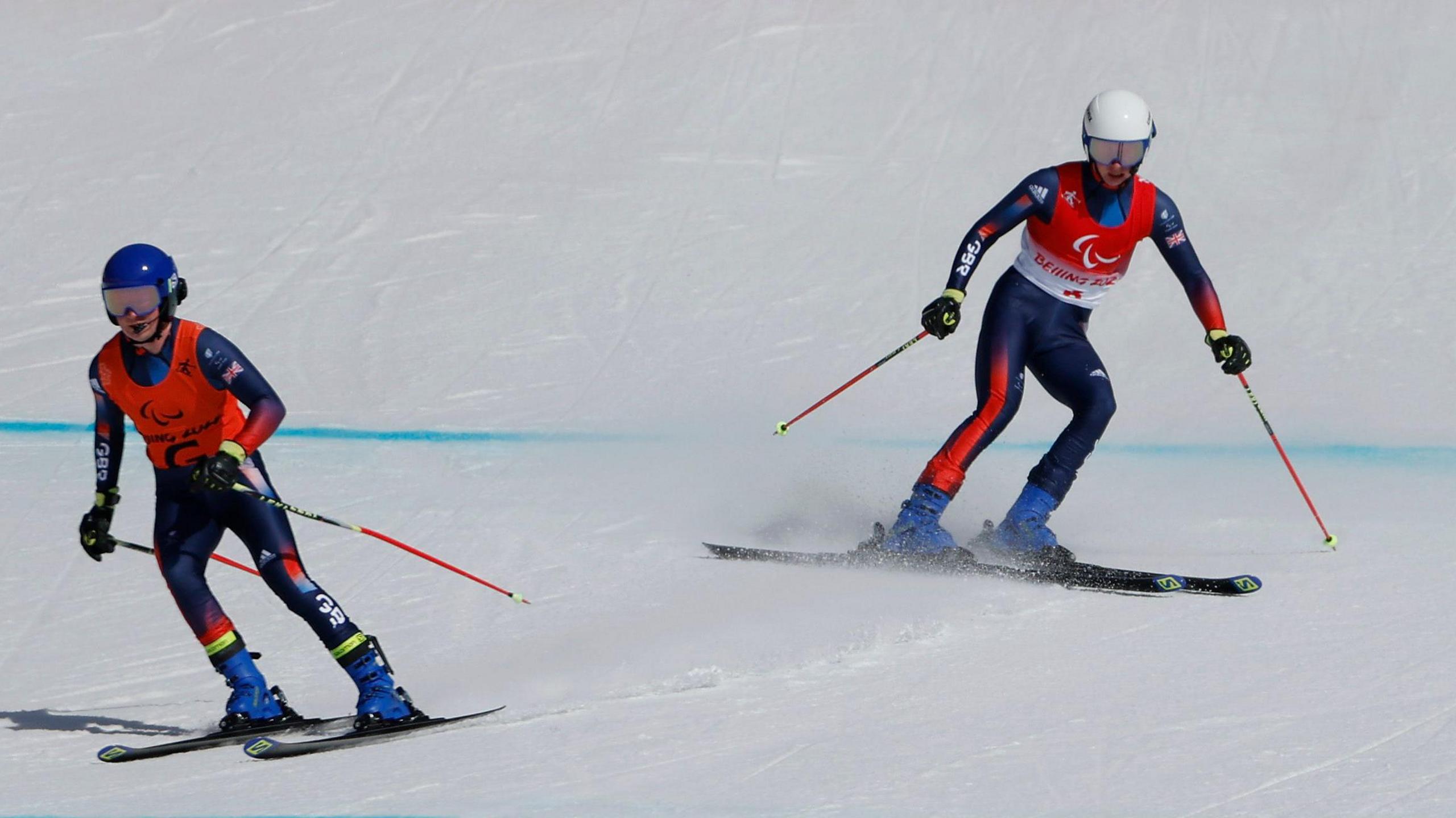 Neil Simpson and his guide Andrew Simpson competing in the super-G at the 2022 Winter Paralympics