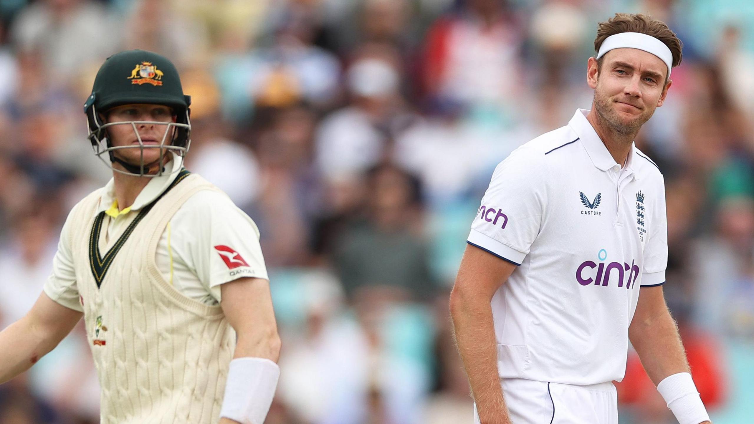 Australia batter Steve Smith and England bowler Stuart Broad in Ashes action