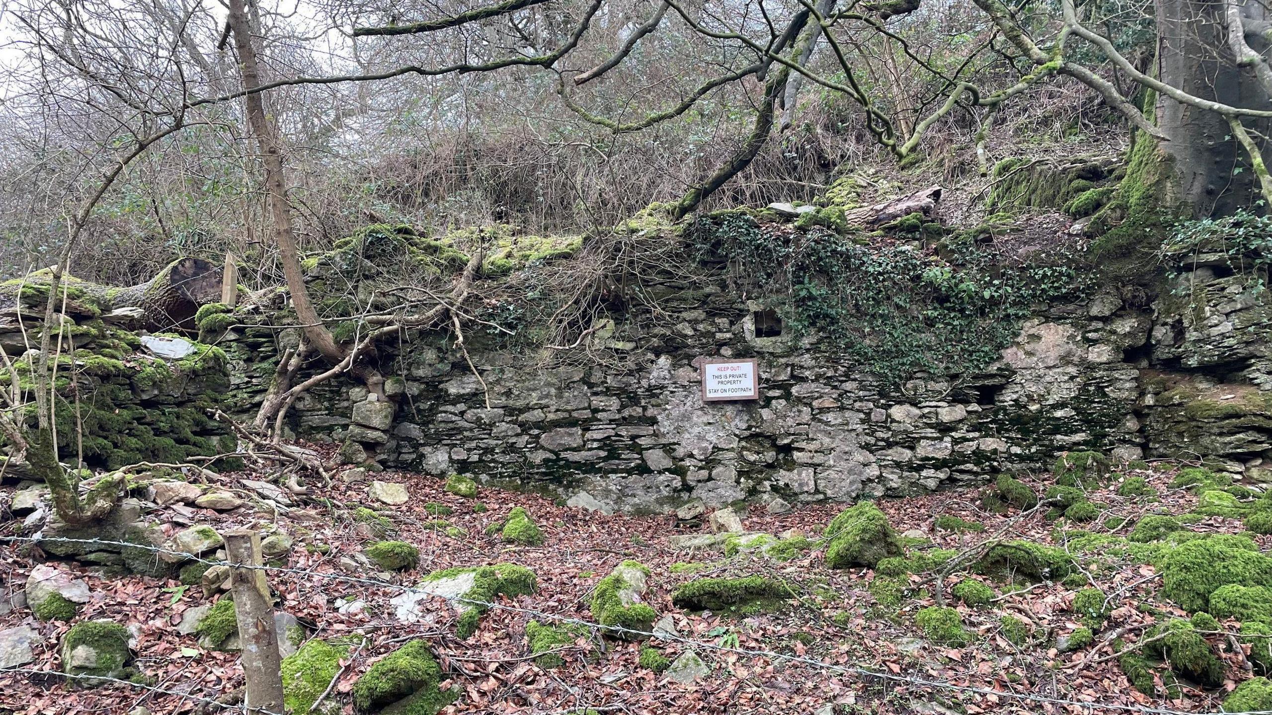 The ruins of an old mill surrounded by trees 