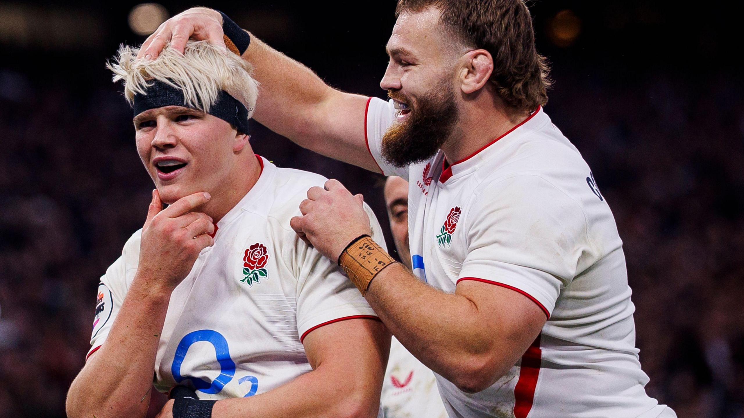 Henry Pollock celebrates his try against Australia
