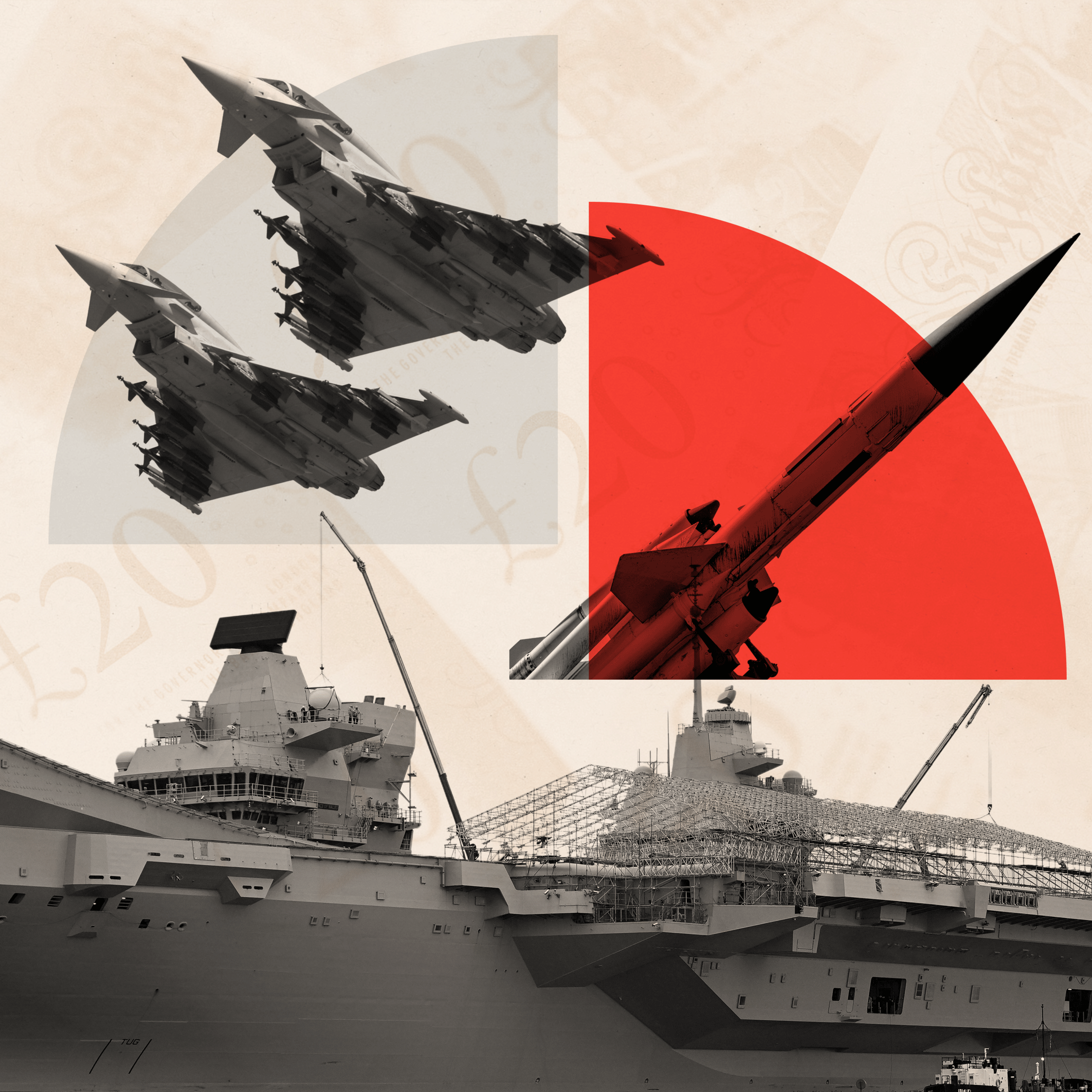 A treated collage image featuring, at the top, a Eurofighter Typhoon fighter jet alongside a missile on its launch ramp, and along the bottom, an image of the HMS Prince of Wales aircraft carrier.