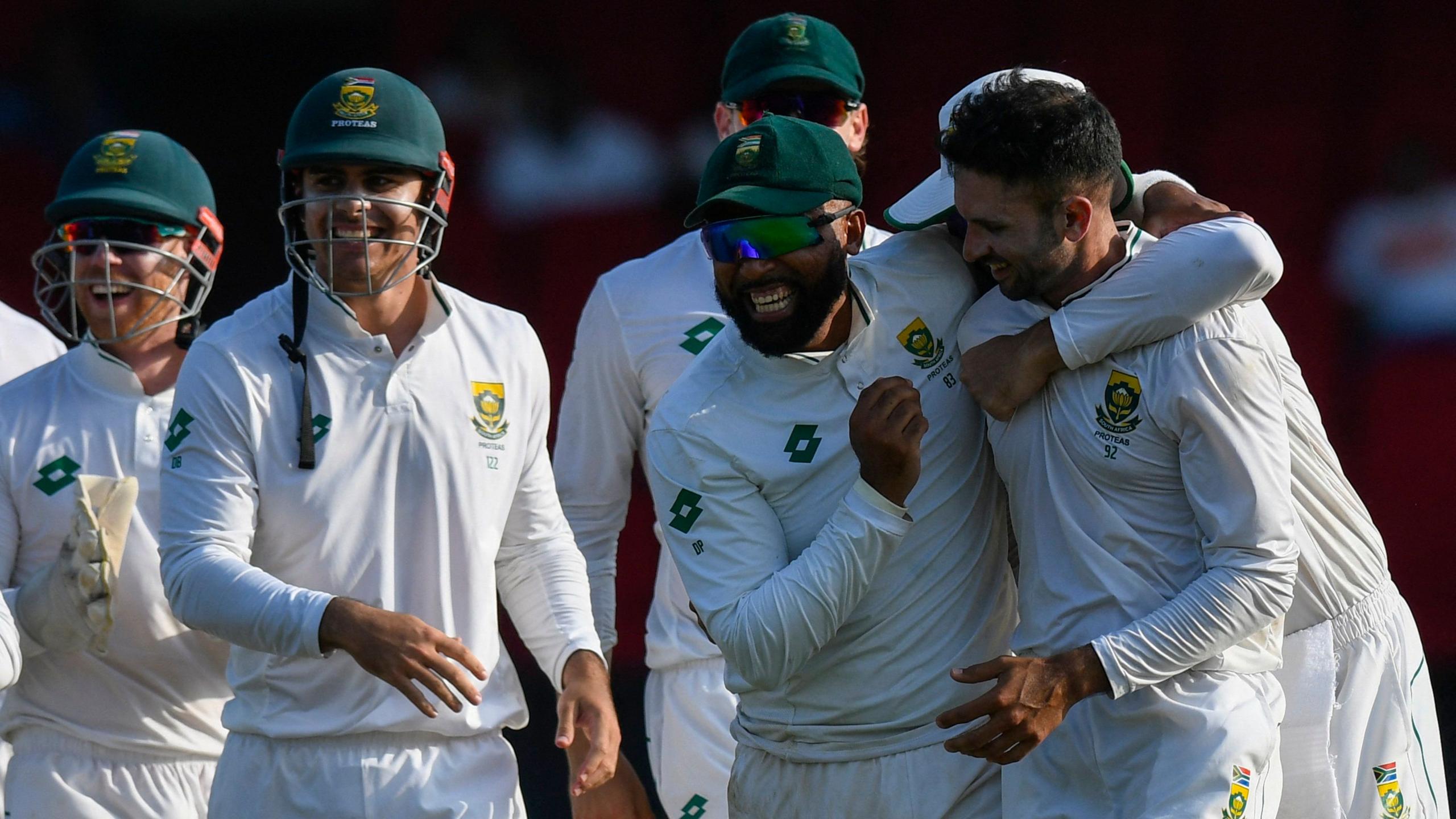 South Africa players celebrate beating West Indies in a Test match