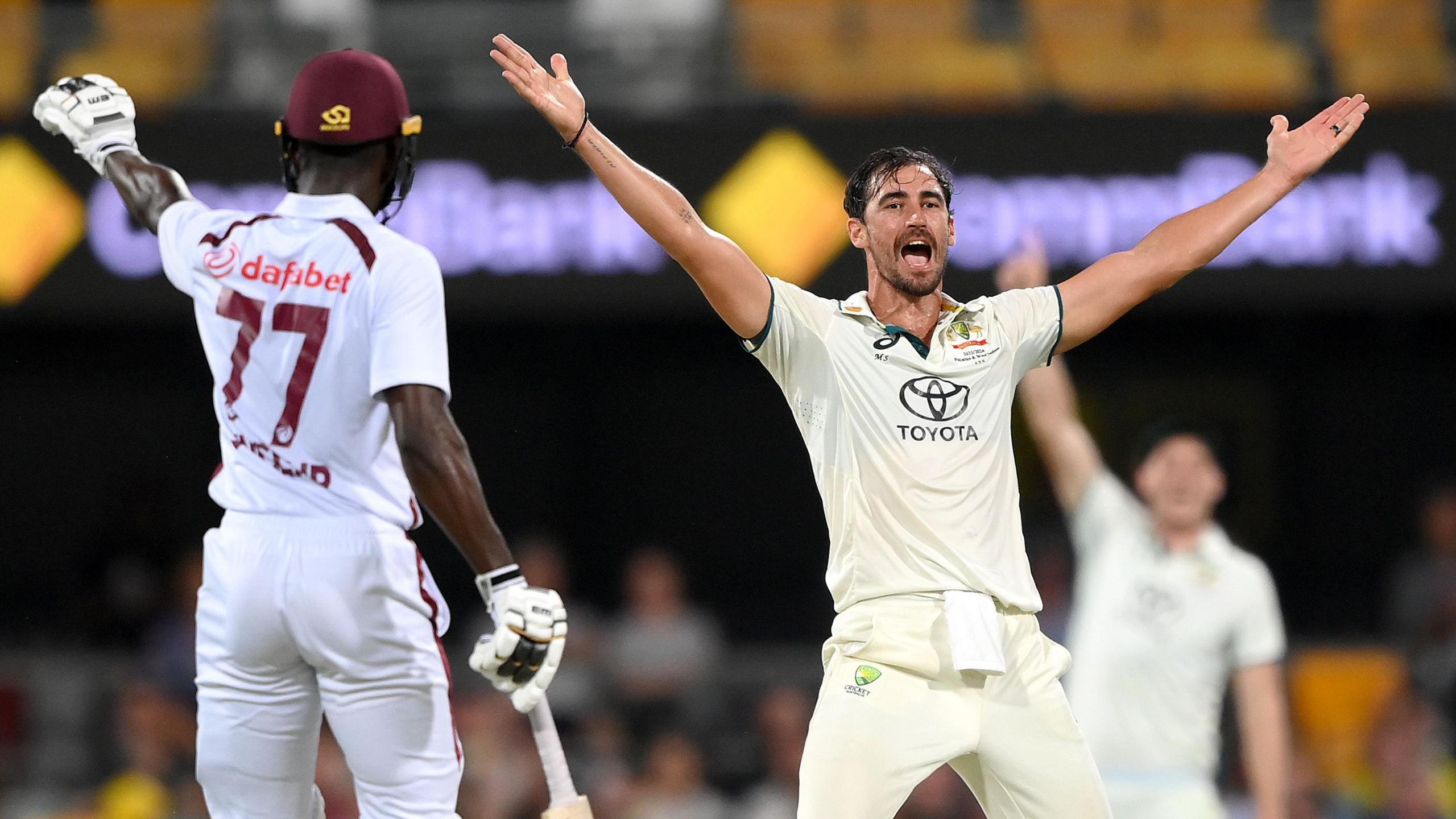 Australia's Mitchell Starc appeals for a wicket against West Indies in 2024