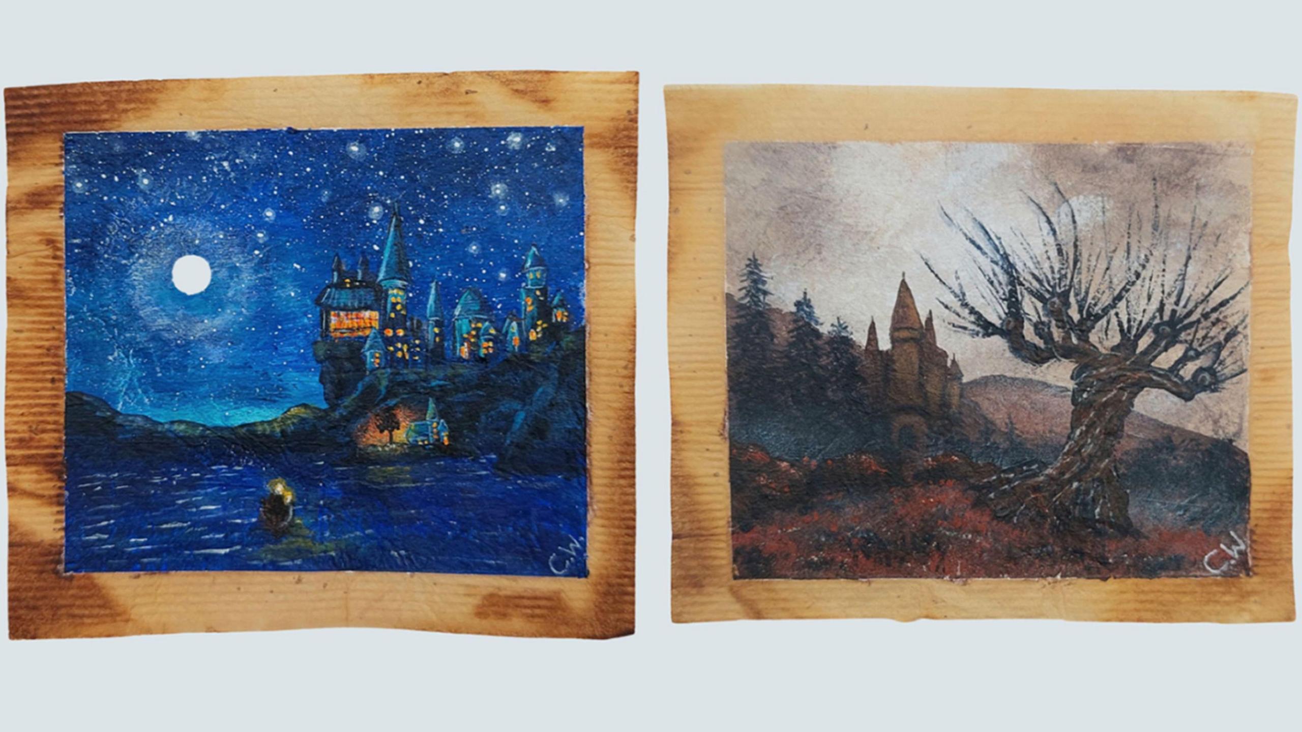 Two teabags with tiny paintings on them. The one on the left shows Hogwarts castle at night, and the one on the left shows the Whomping Willow with the Hogwarts castle in the background during the day.