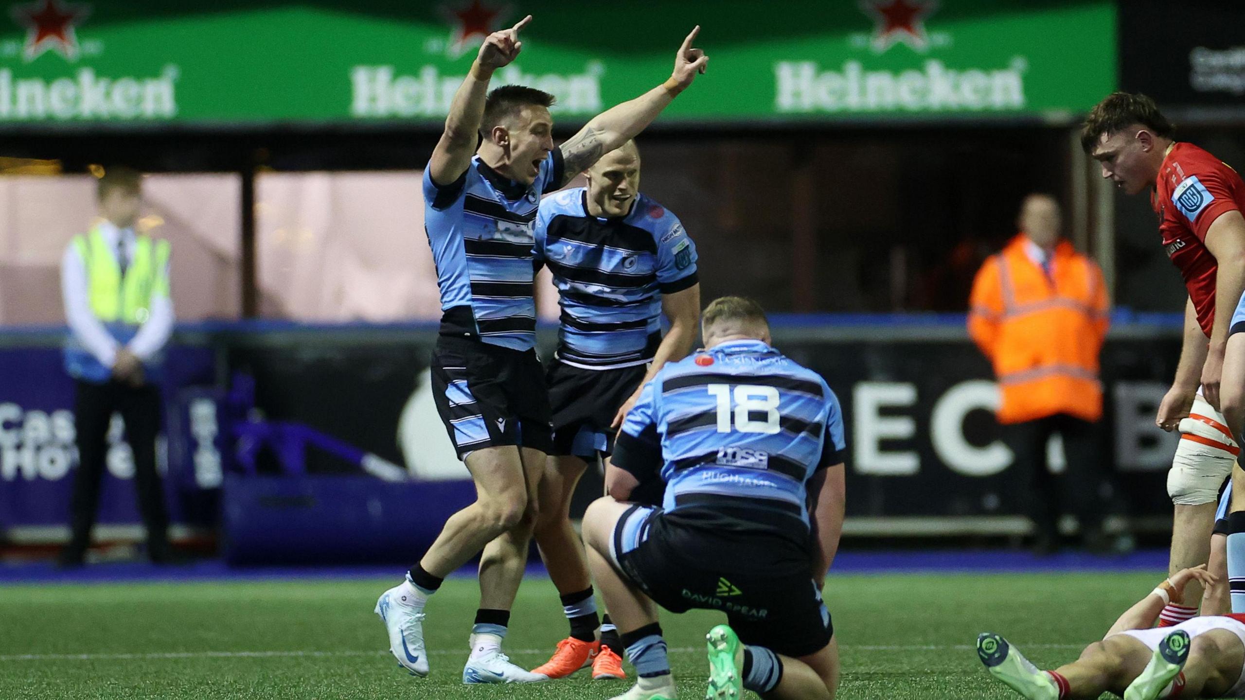 Josh Adams celebrates after Cardiff's win against Munster at the Arms Park