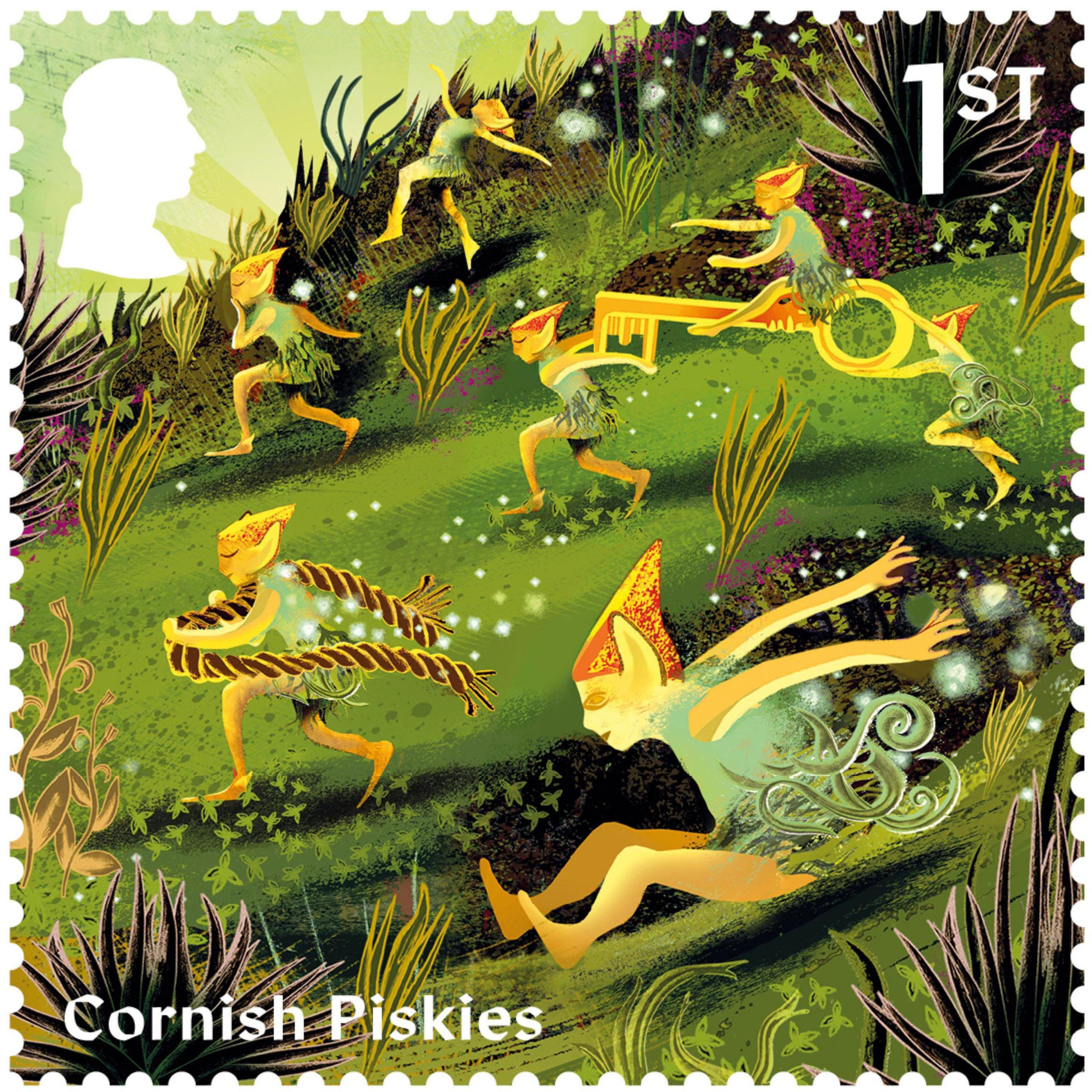 New stamp shows an illustration of Cornish Piskies. Six green and yellow piskies run and slide down a hill carrying various items including a rope and a key. 