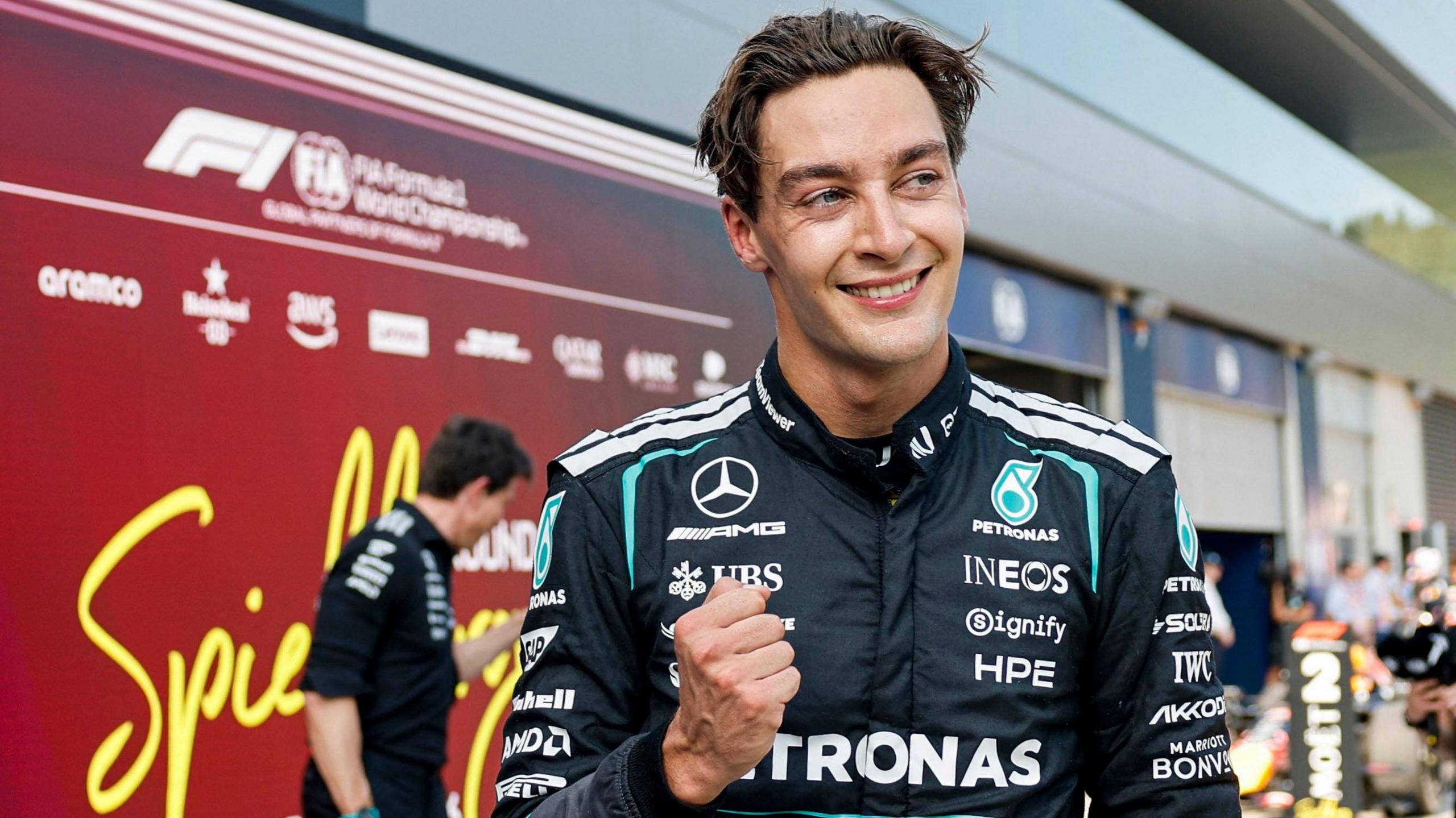 George Russell celebrates winning the Austrian Grand Prix 