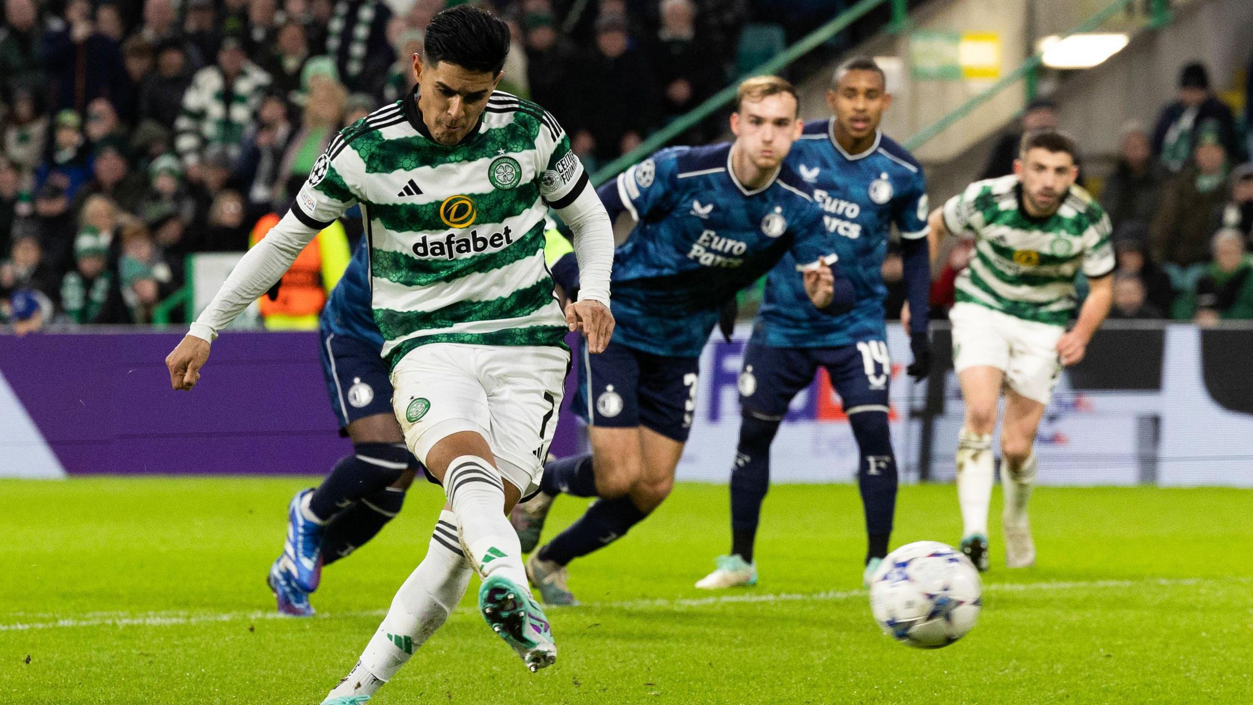 Celtic's Luis Palma scores a penalty to make it 1-0 during a Champions League group stage match between Celtic and Feyenoord at Celtic Park