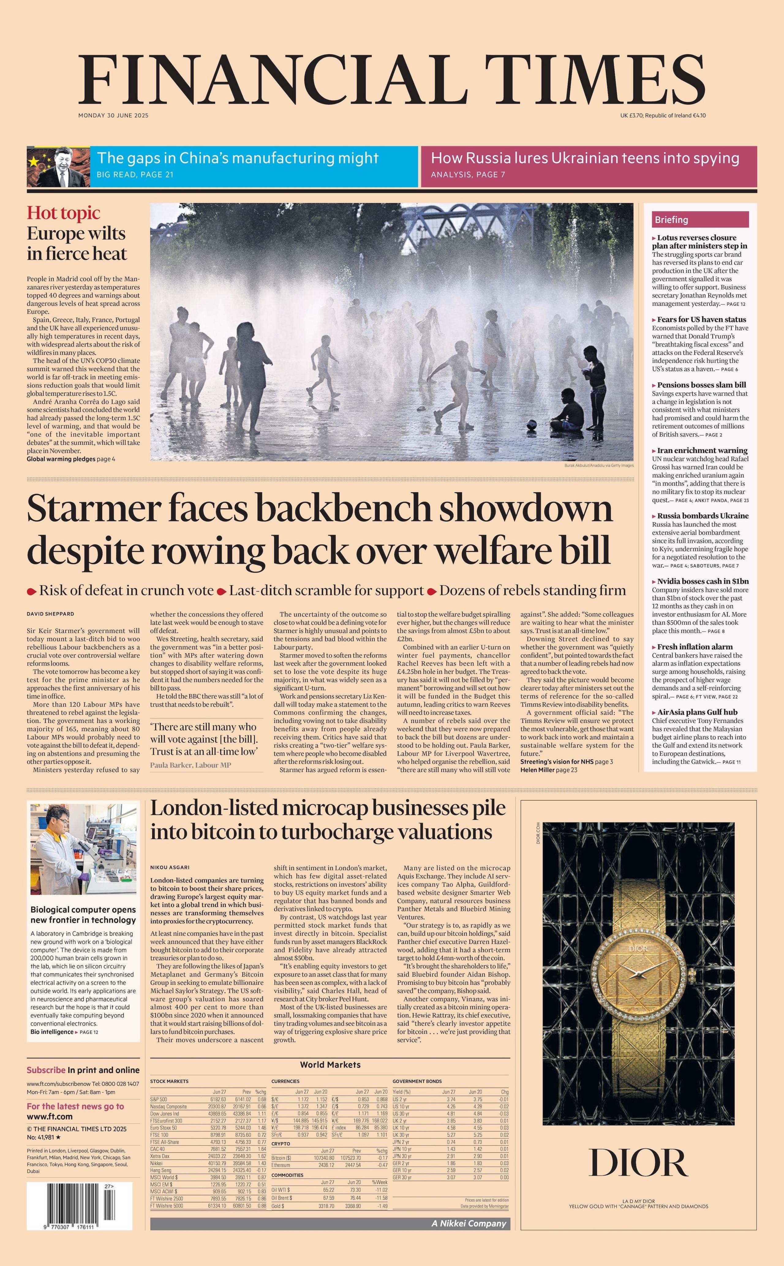 "Starmer faces backbench showdown despite rowing back over welfare bill" reads the headline on the front page of the Financial Times.