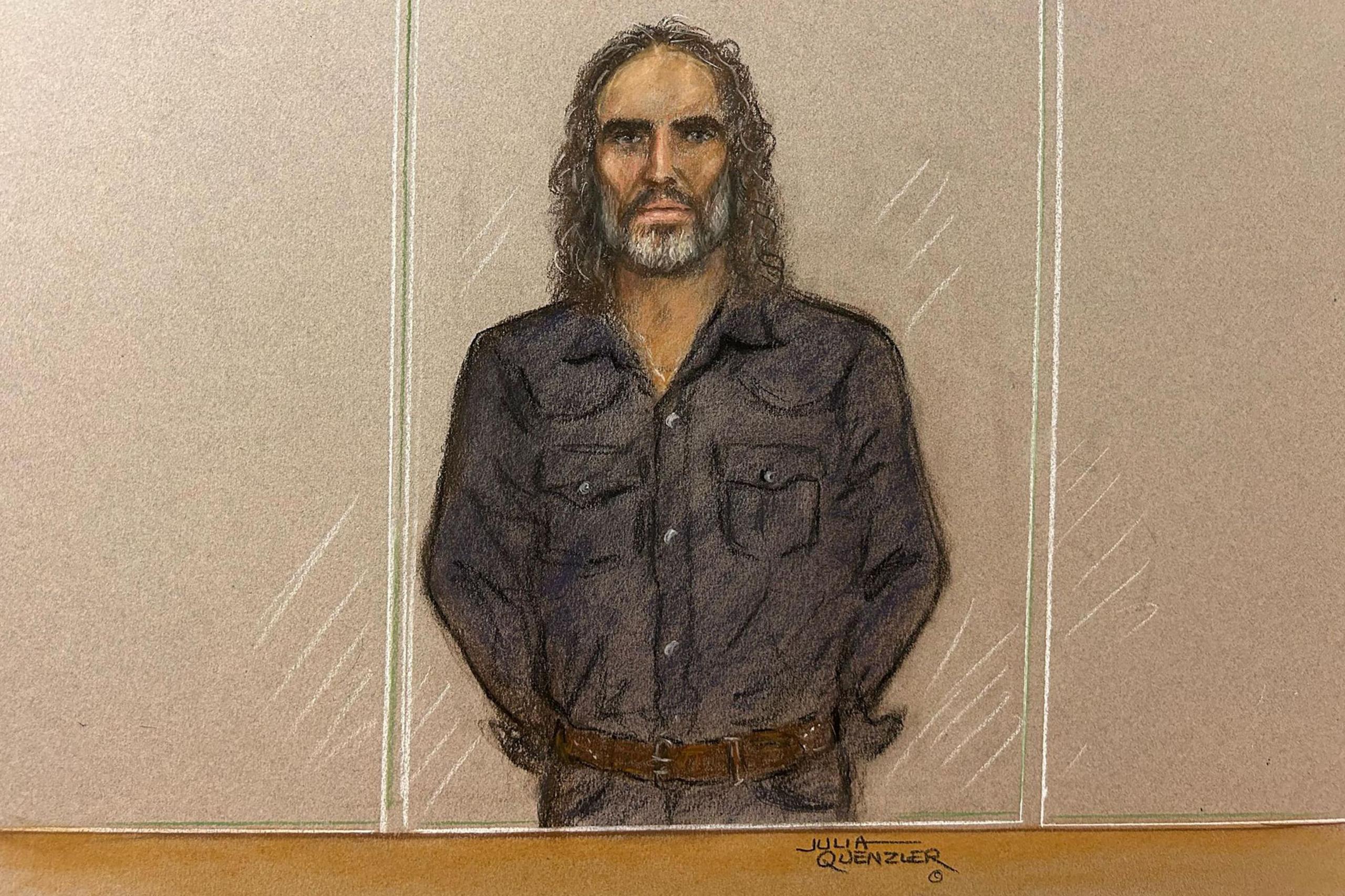 A cour sketch of Russell Brand appearing at Westminster Magistrates' Court, London, w