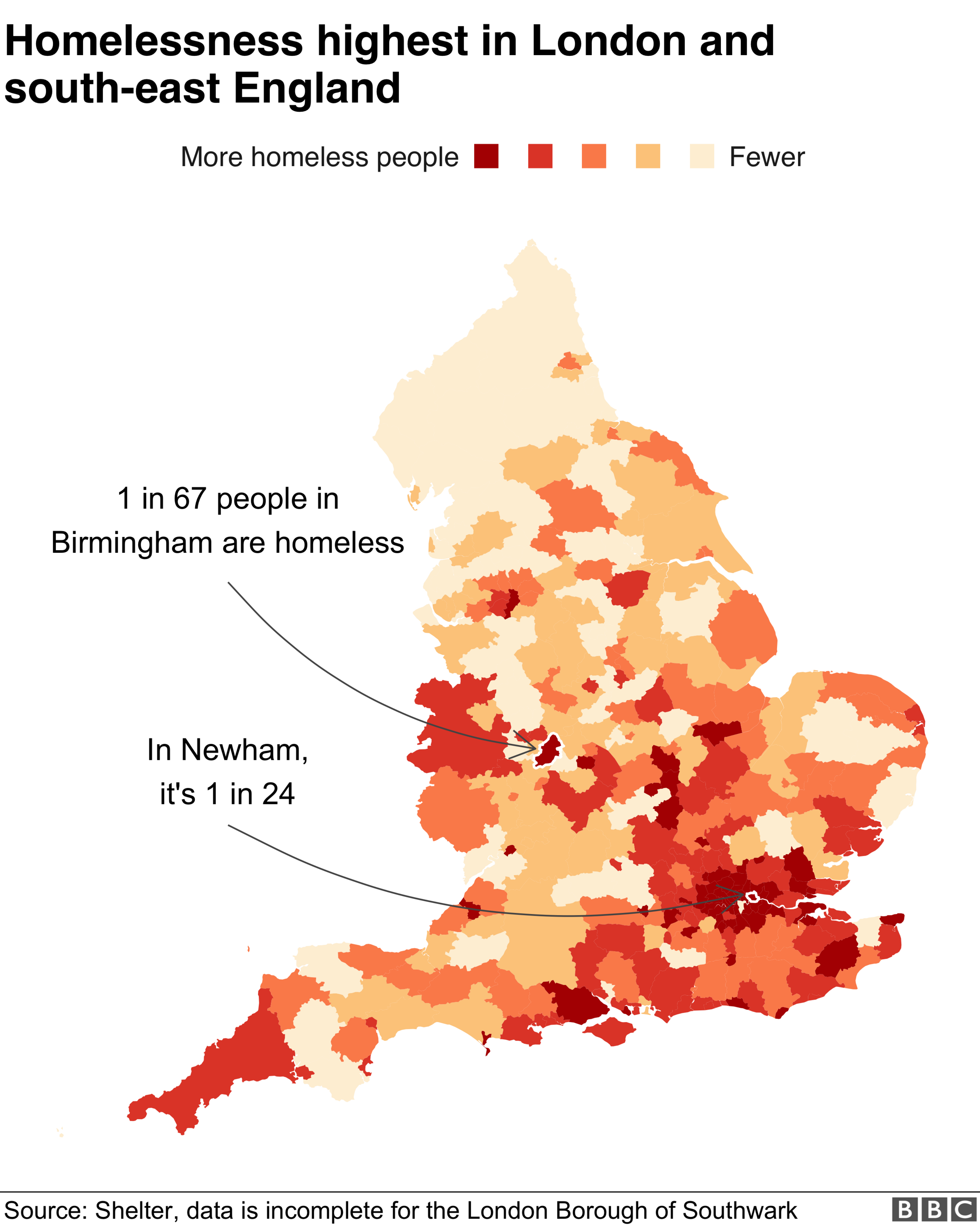 Map showing where homelessness is the highest in England