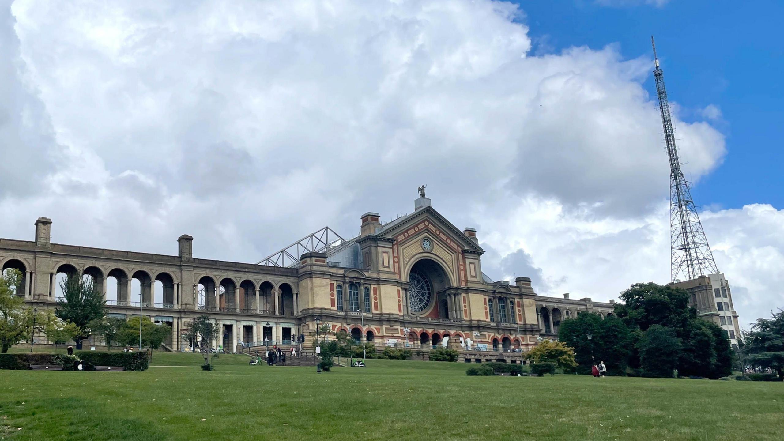 The grounds of London's Alexandra Palace venue, showing the park in front and the grand entrance