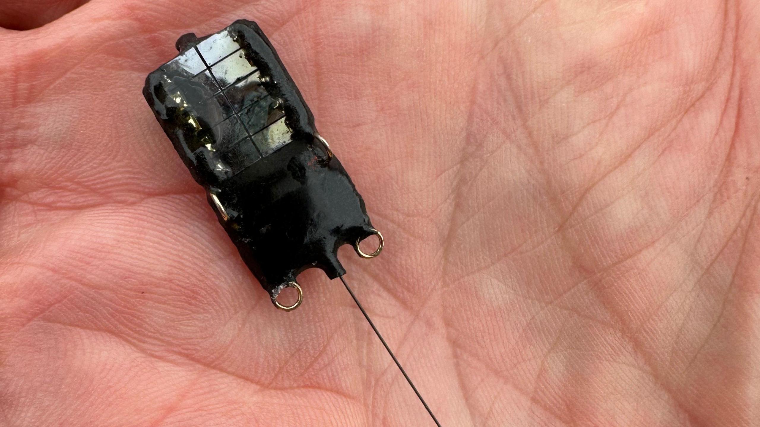 A tiny tracker with a rectangular body and antenna held in the palm of someone's hand.