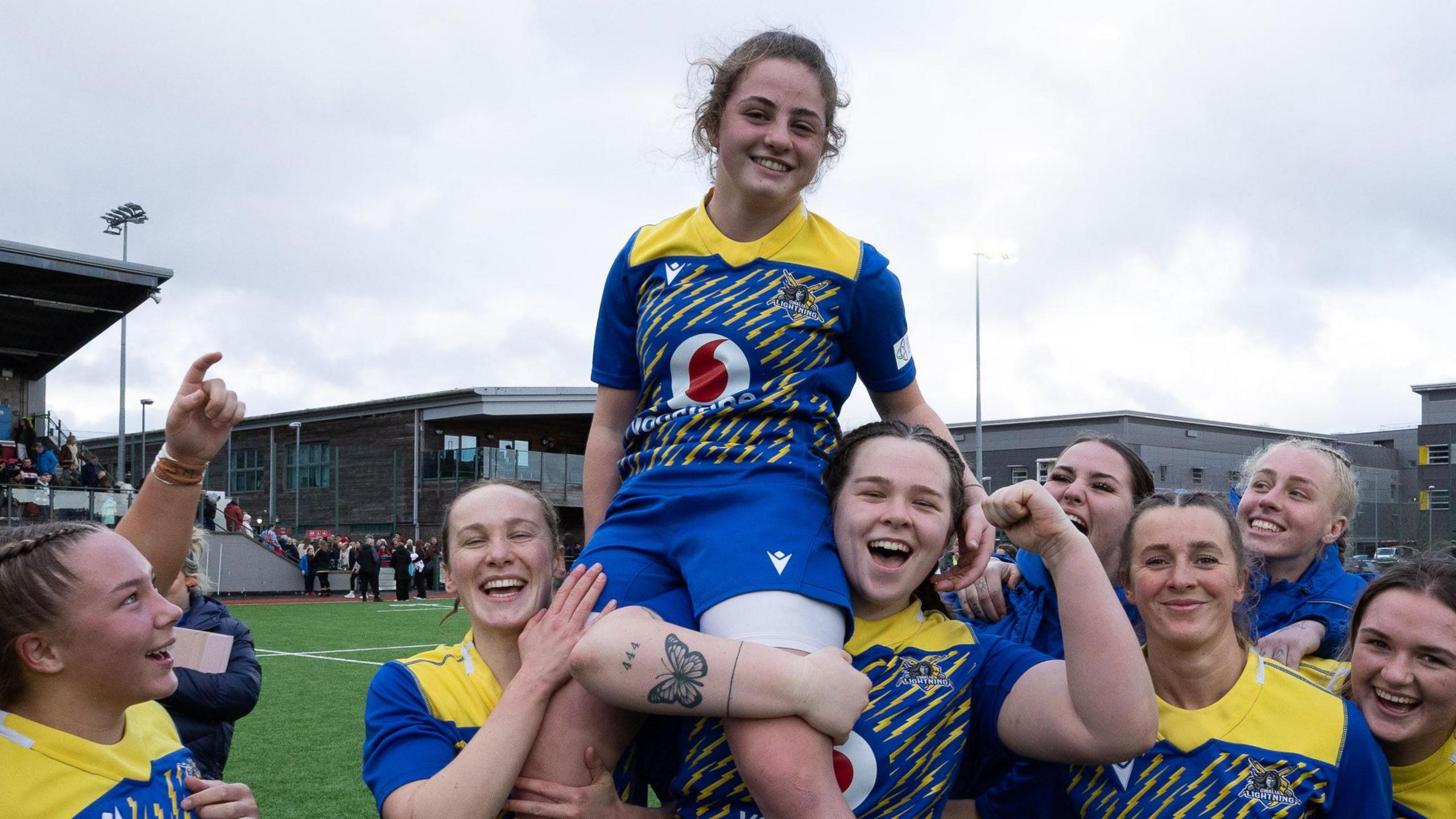 Lily Hawkins is held aloft after Gwalia Lightning's win against Edinburgh