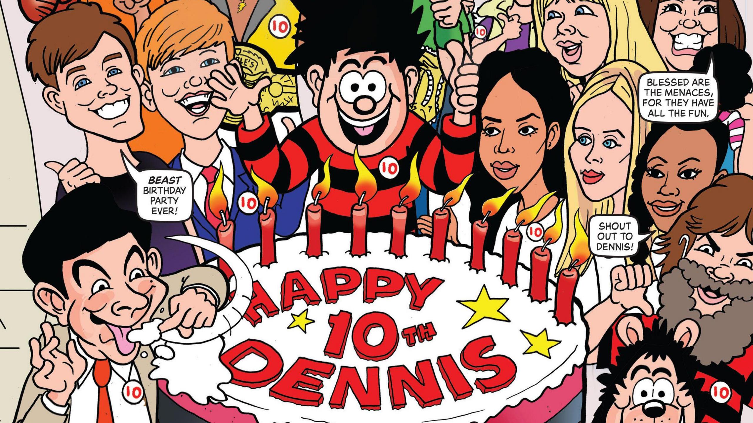 A cartoon illustration showing character Dennis the Menace and celebrities like Jack Black, Mr Beast, Angry Ginge, Little Mix and Mr Bean next to a 10th birthday cake