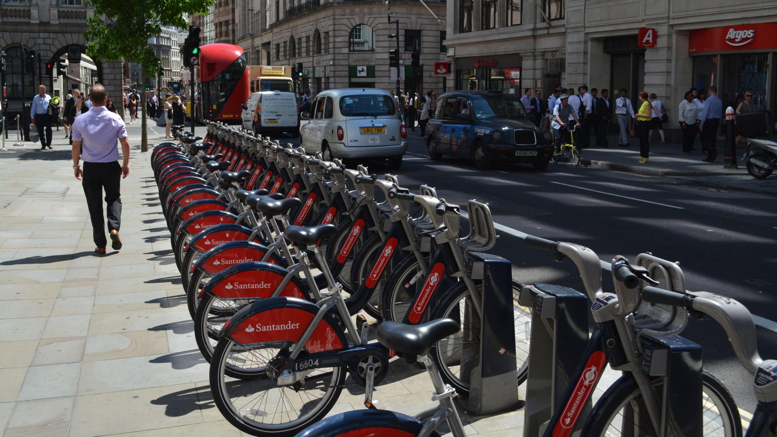 Santander Cycles stand in Cheapside, City of London