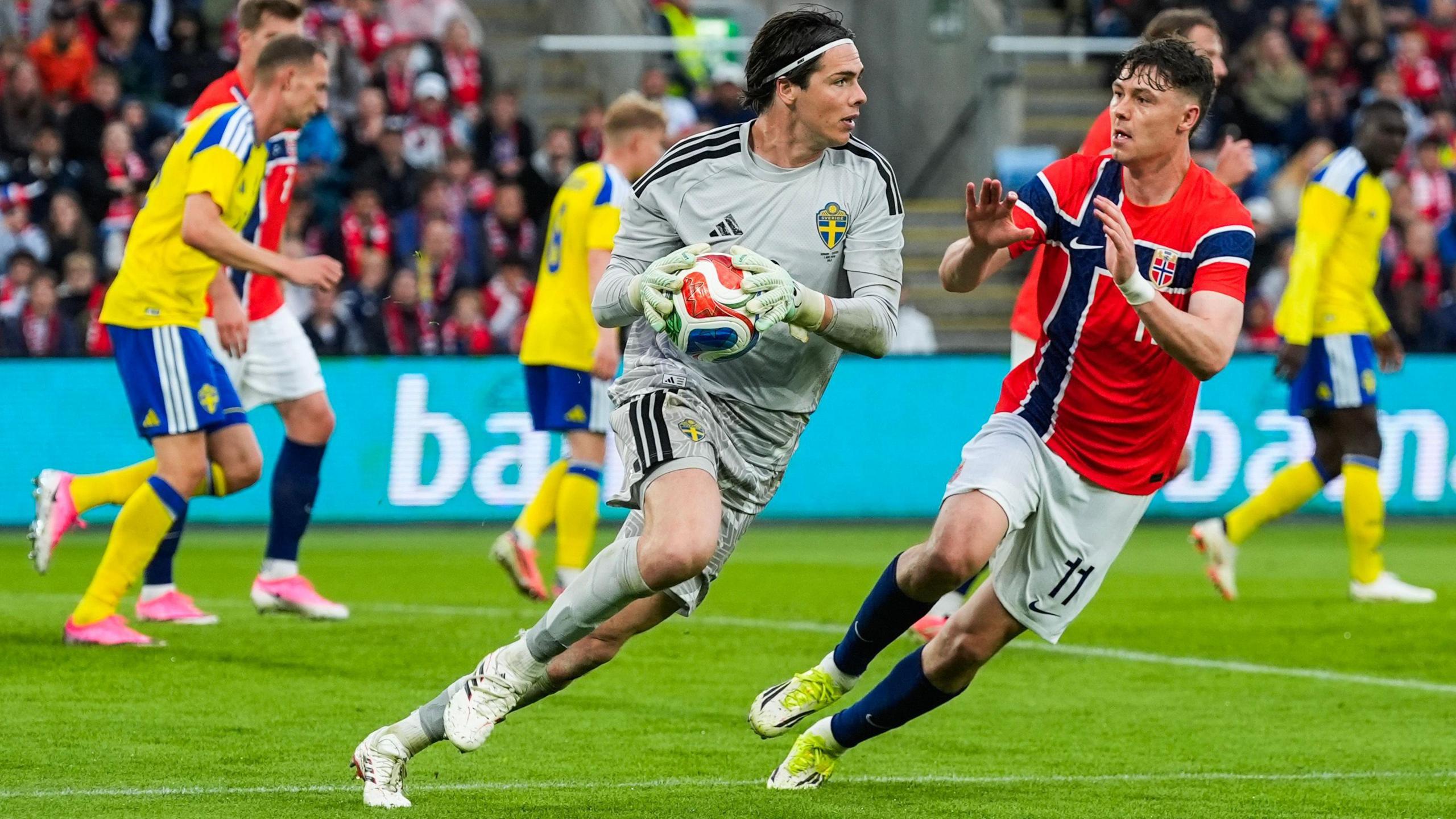 Jacob Widell Zetterstrom, wearing Sweden's grey goalkeeping kit, prepares to deliver the ball during their match against Norway on 1 June