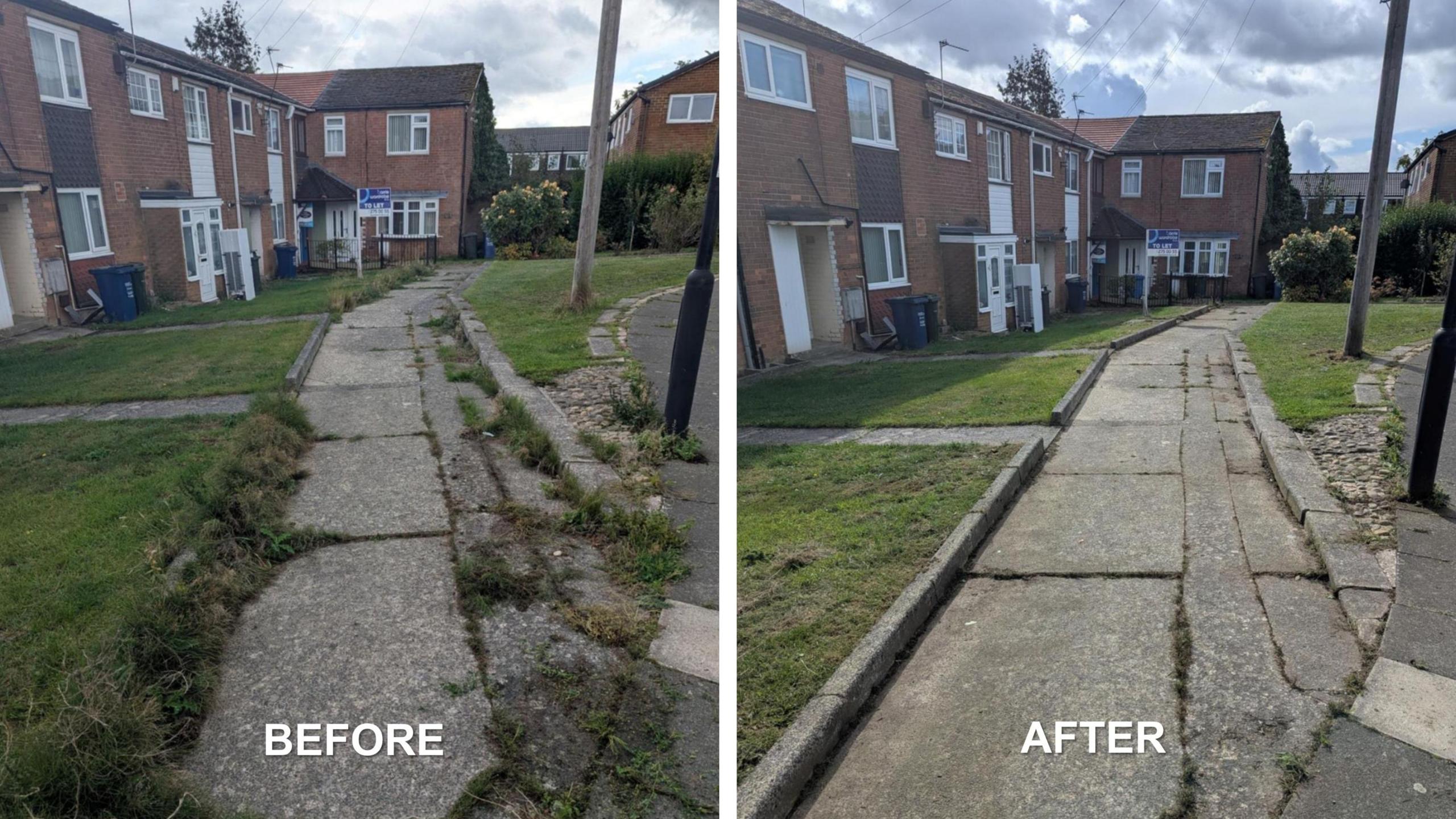 The picture on the left shows a path and houses with weeds on. The picture on the right shows the same path without as many weeds on.
