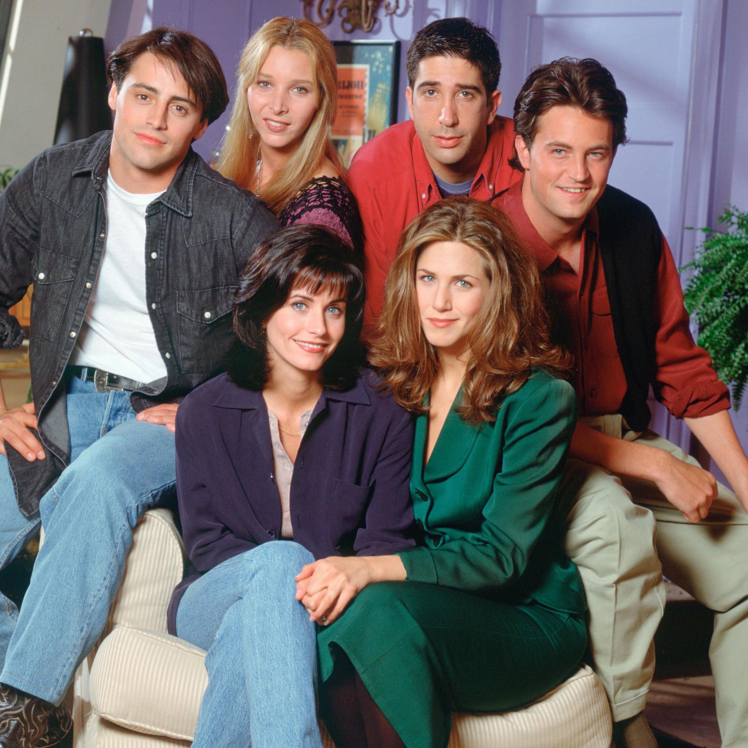 Pictured on the Friends set - the cast Courteney Cox, Matt LeBlanc, Lisa Kudrow, David Schwimmer, Matthew Perry and Jennifer Aniston