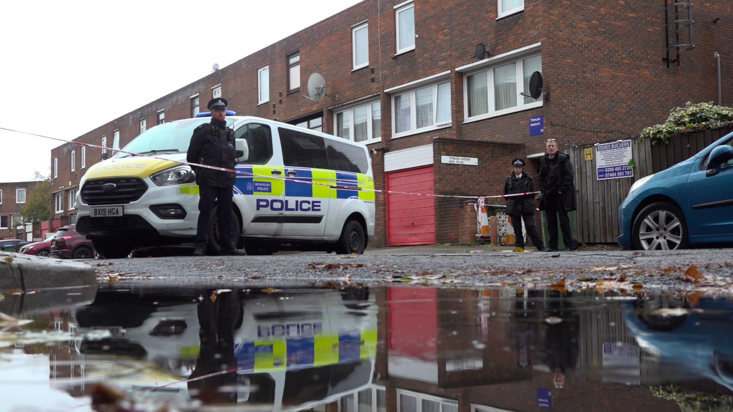 The scene at Titmuss Avenue, Thamesmead, in south-east London, following the fatal stabbings of two 16-year-old boys