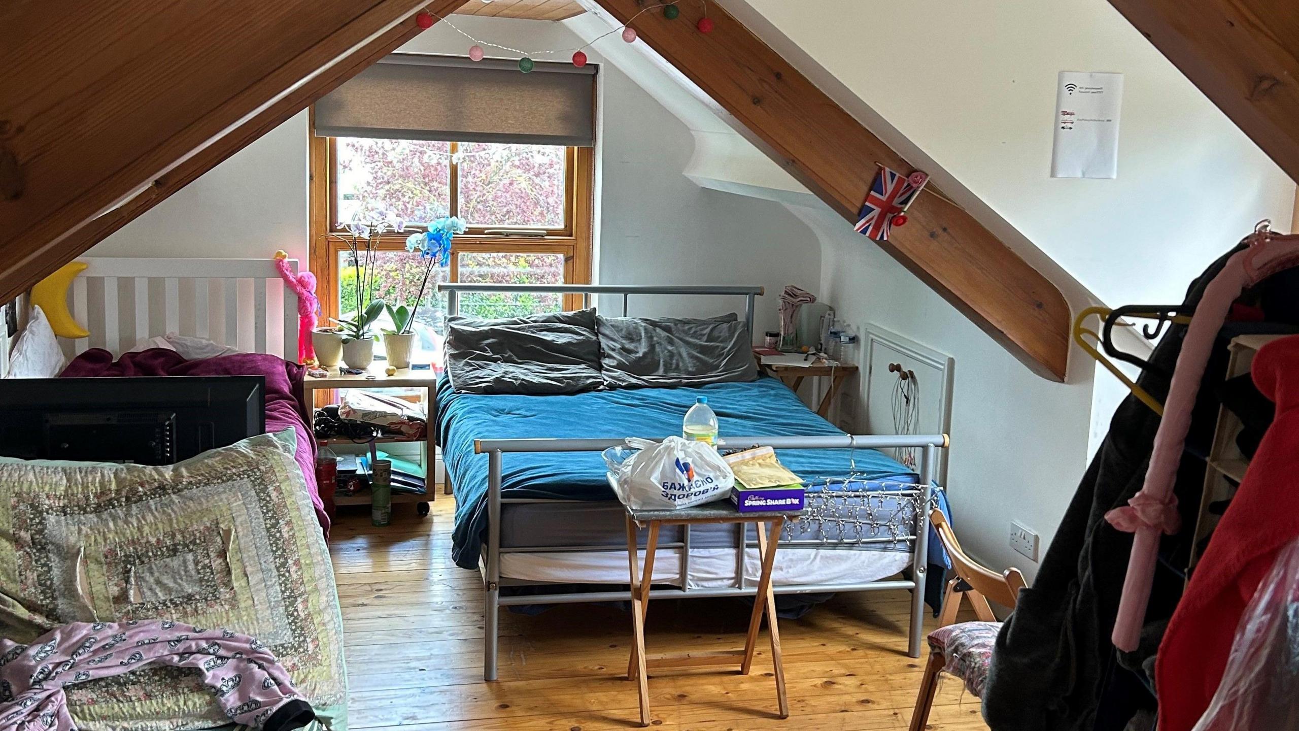 A loft space with two beds