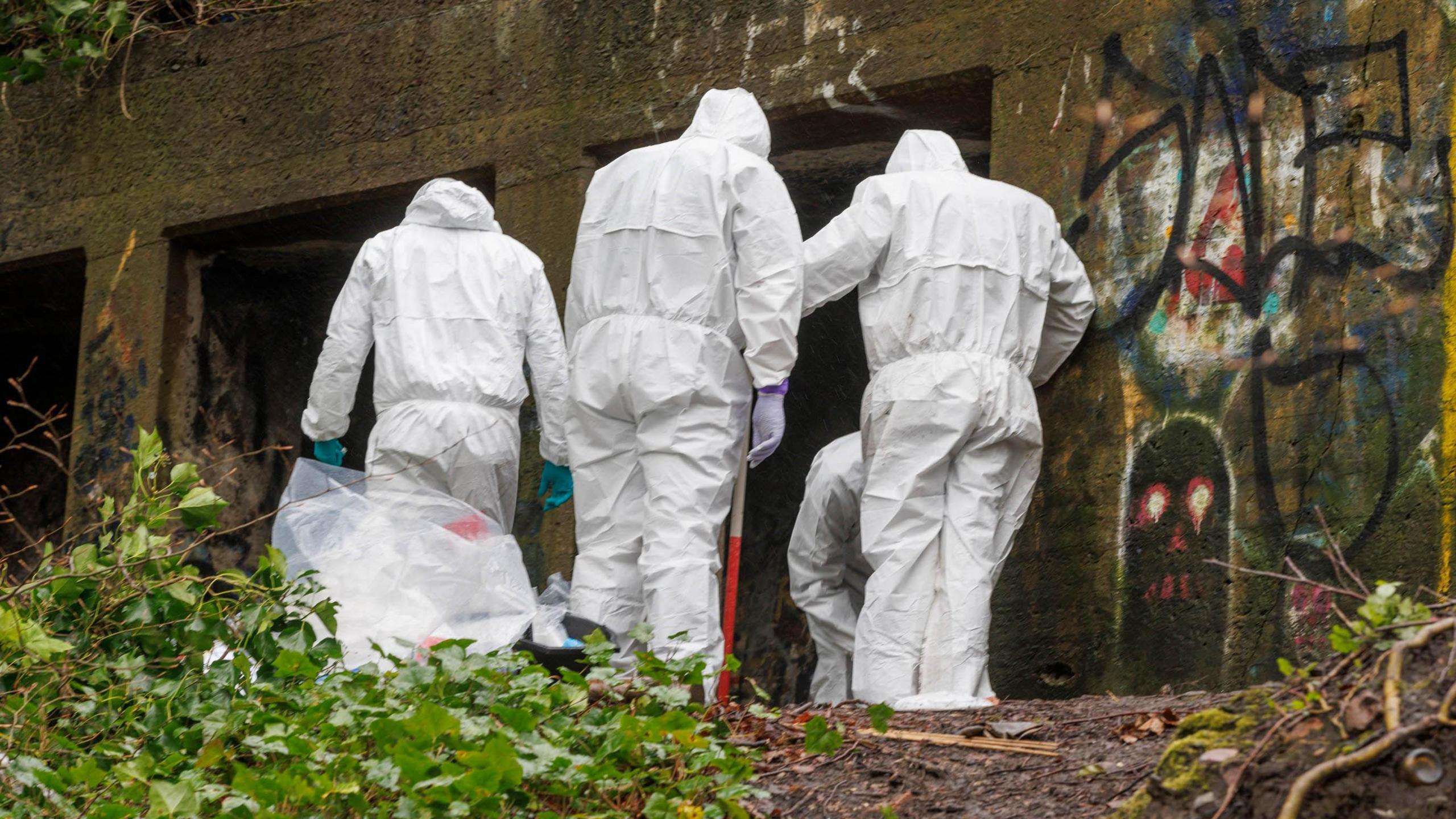 People in white forensic suits searching under a graffitied bridge in a woodland area