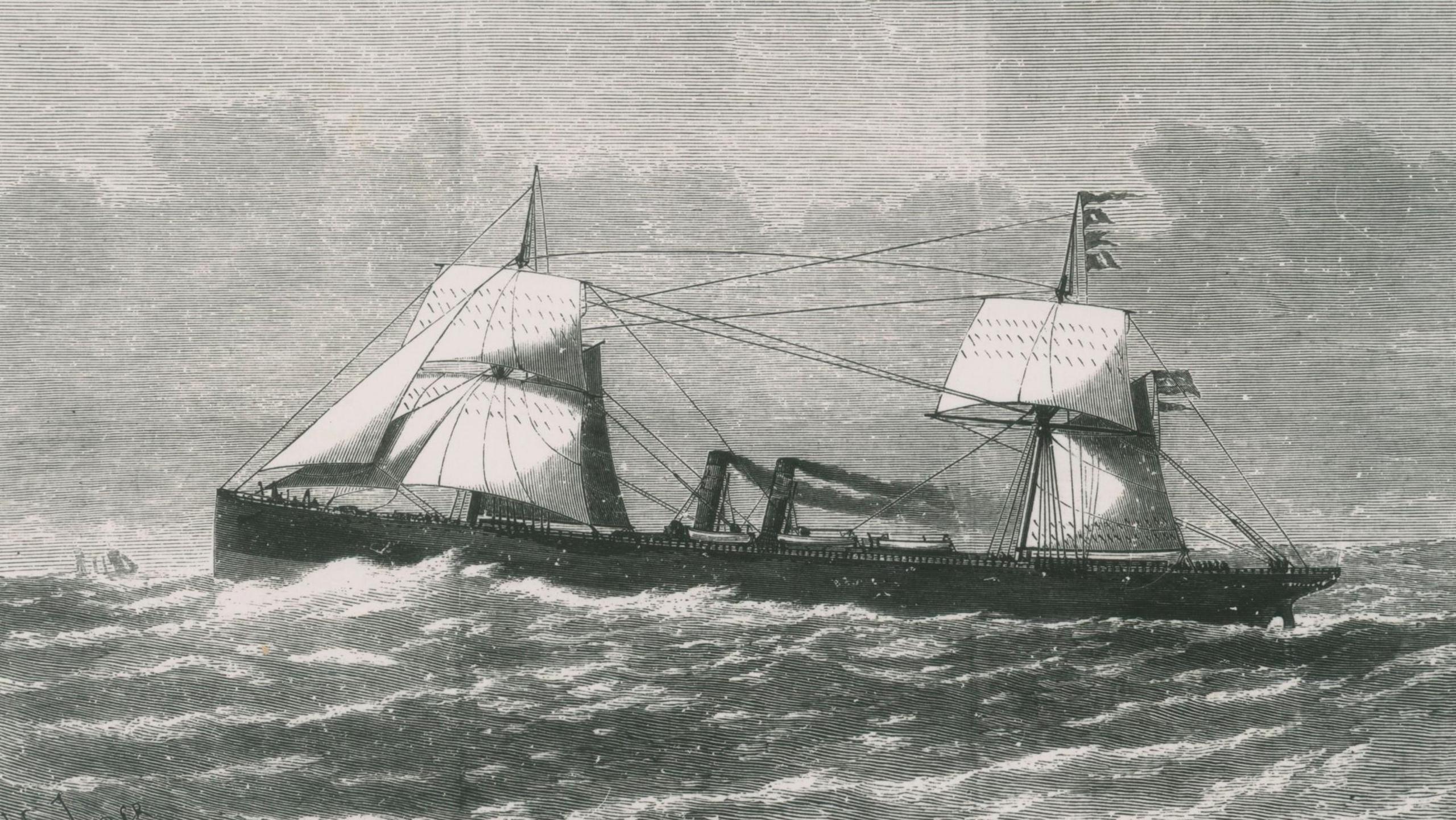 A Victorian era etching of a passenger - She has sails and a two funnels which are spewing smoke as she steams through the ocean