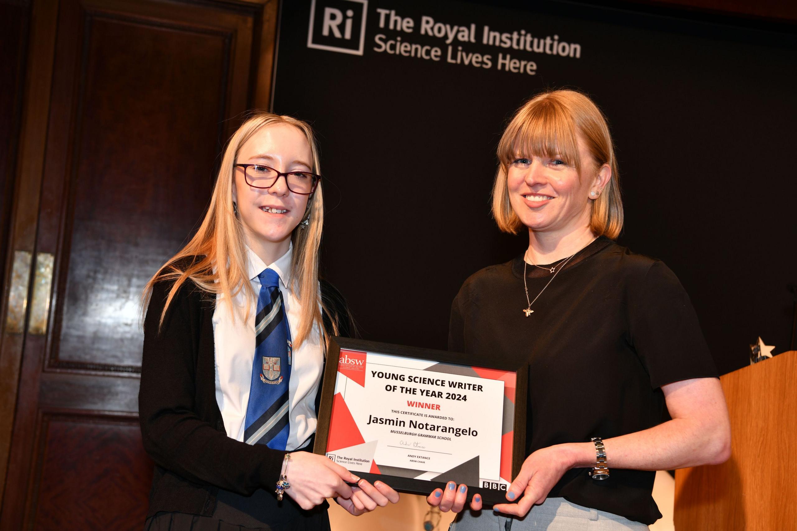 Jasmin with BBC science correspondent Victoria Gill, who presented her with the award