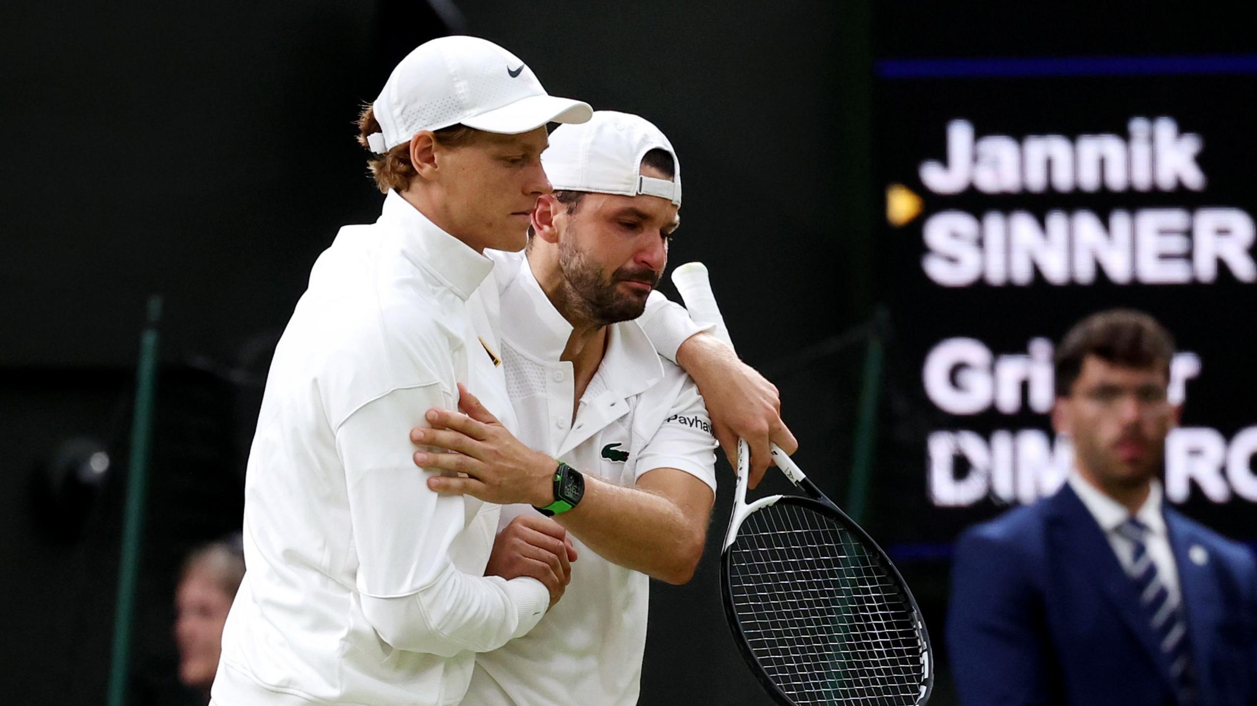 Jannik Sinner consoles Grigor Dimitrov after his injury