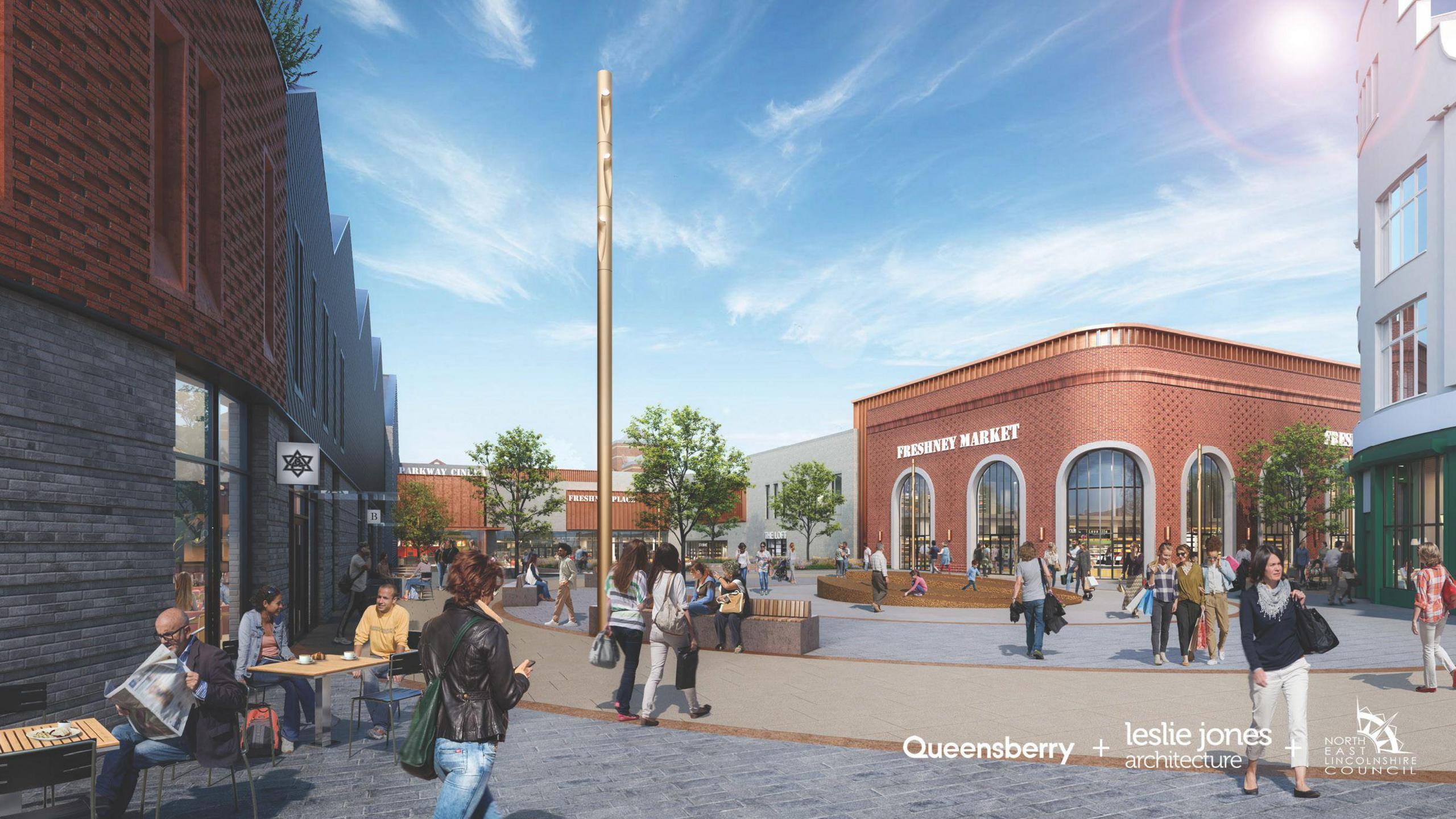 An artist's impression of the new Freshney Place scheme. People are sitting at outdoor tables and in a seating area with trees. There is a big building with the words "Freshney Market" written on it in the distance, with several other buildings around it