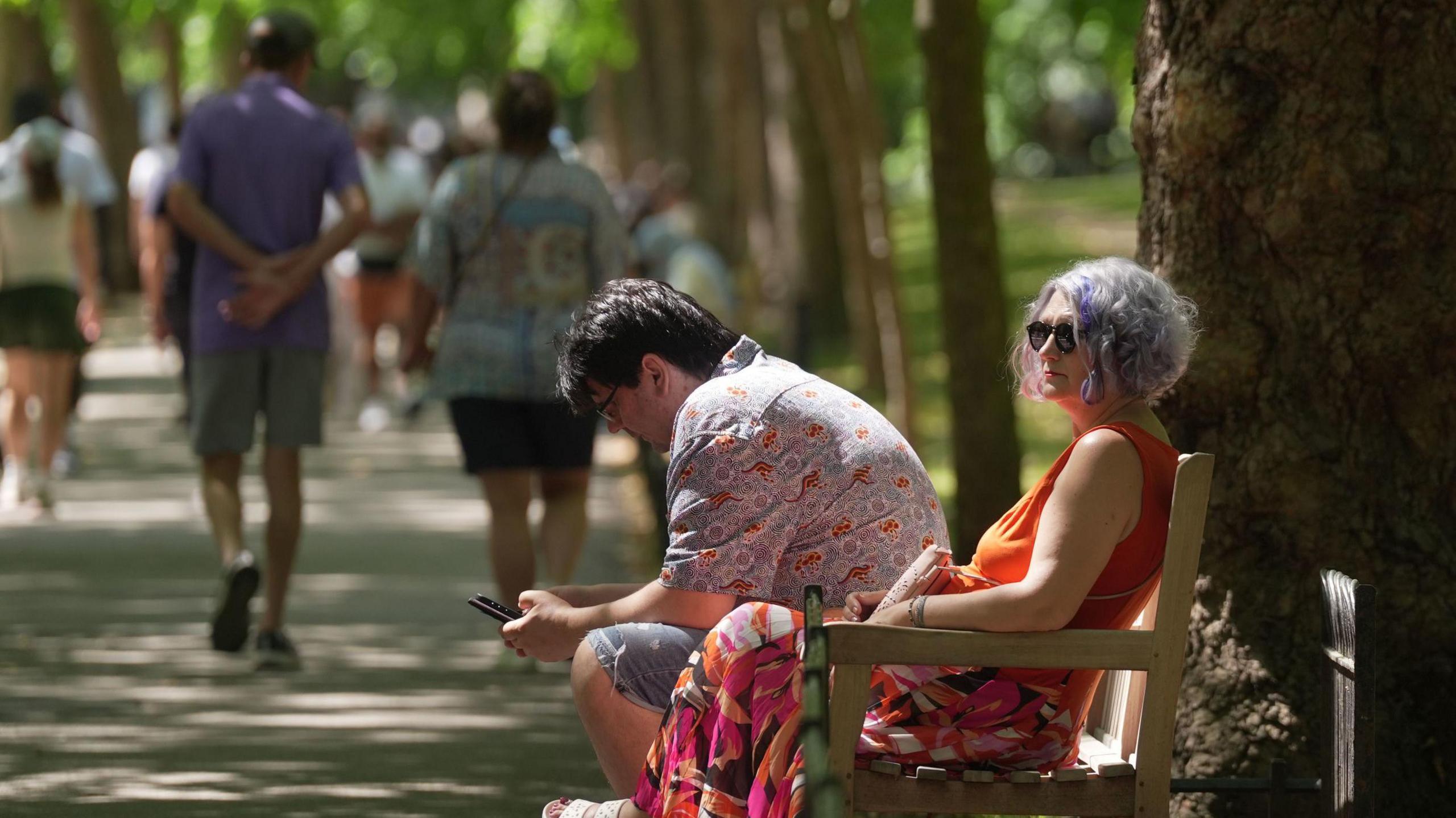 A couple sit on a bench under a tree, with people walking along a path in the background