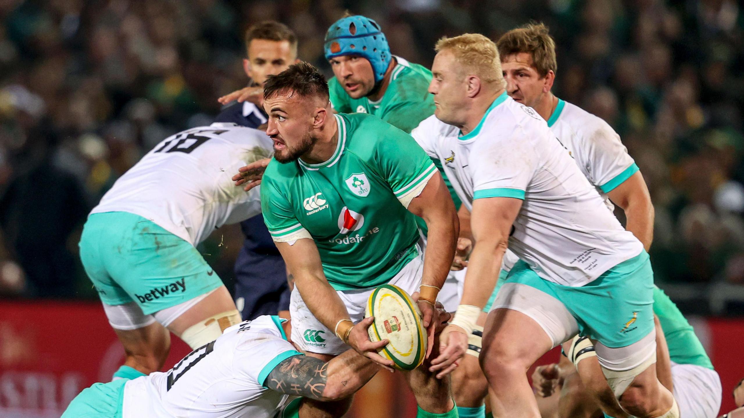 Ireland hooker Ronan Kelleher attempts to pass to a team-mate during last weekend's First Test in Pretoria