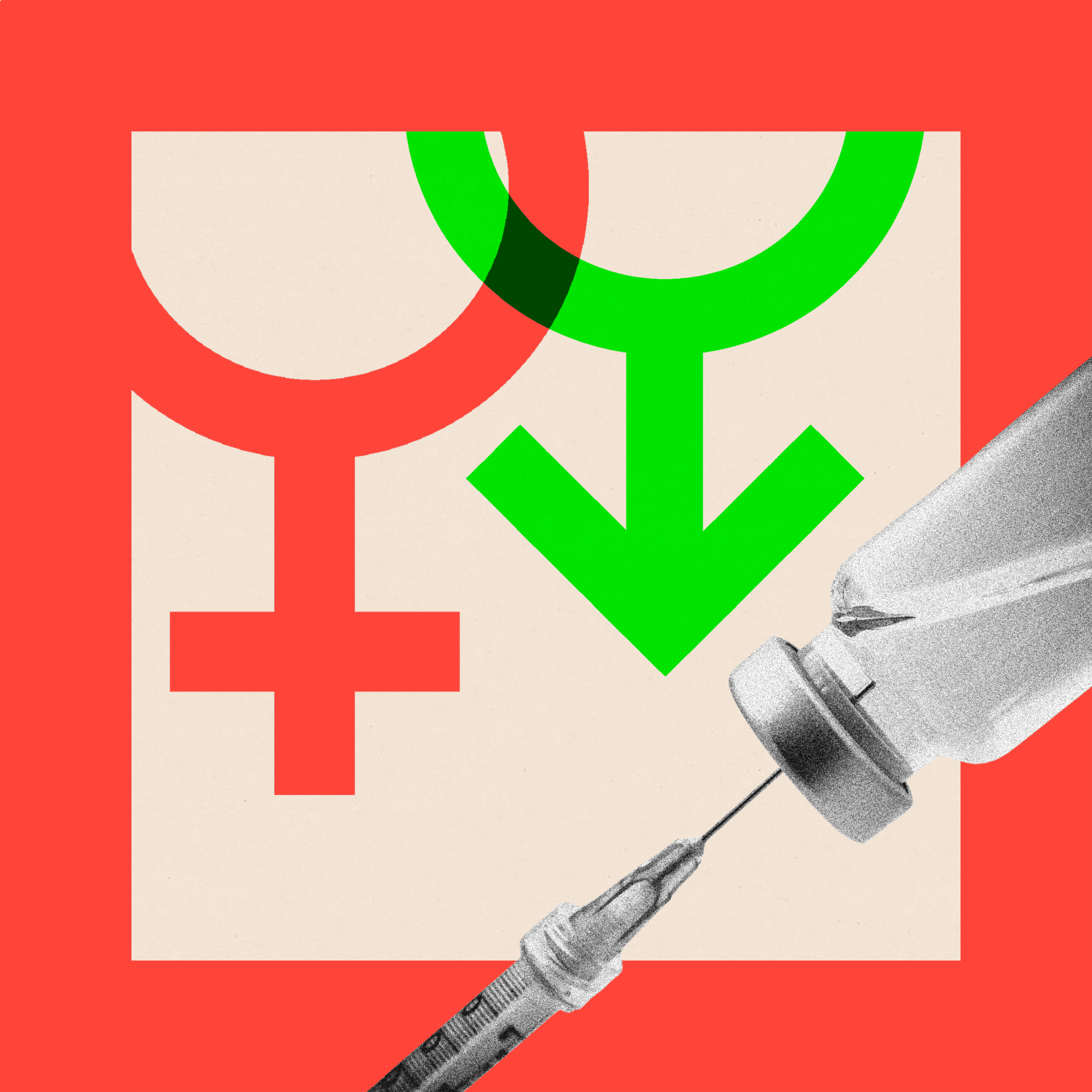 The male and female symbols and a syringe going into a bottle