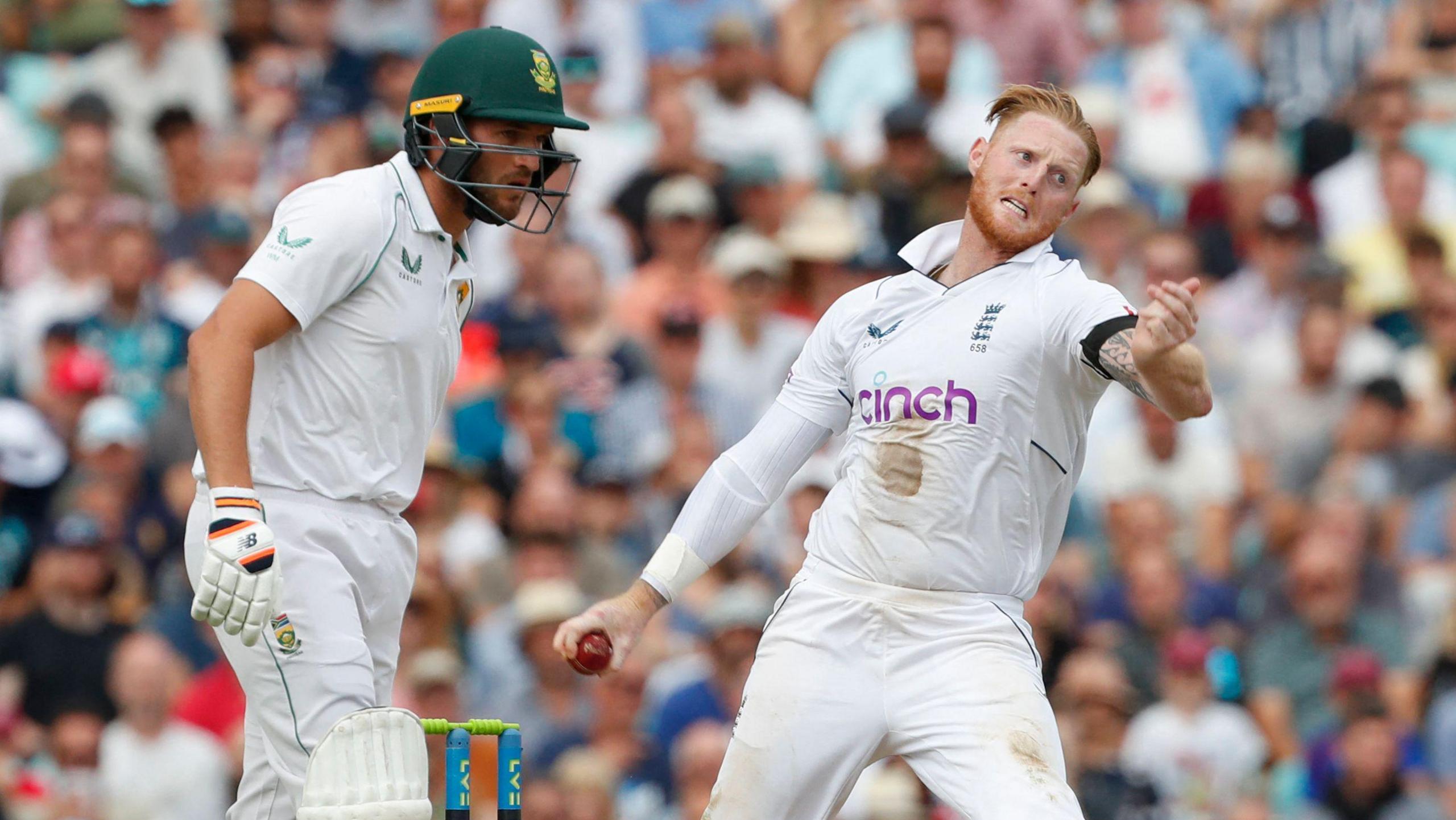 South Africa batter Wiaan Mulder watches England captain Ben Stokes bowl during a Test in 2022