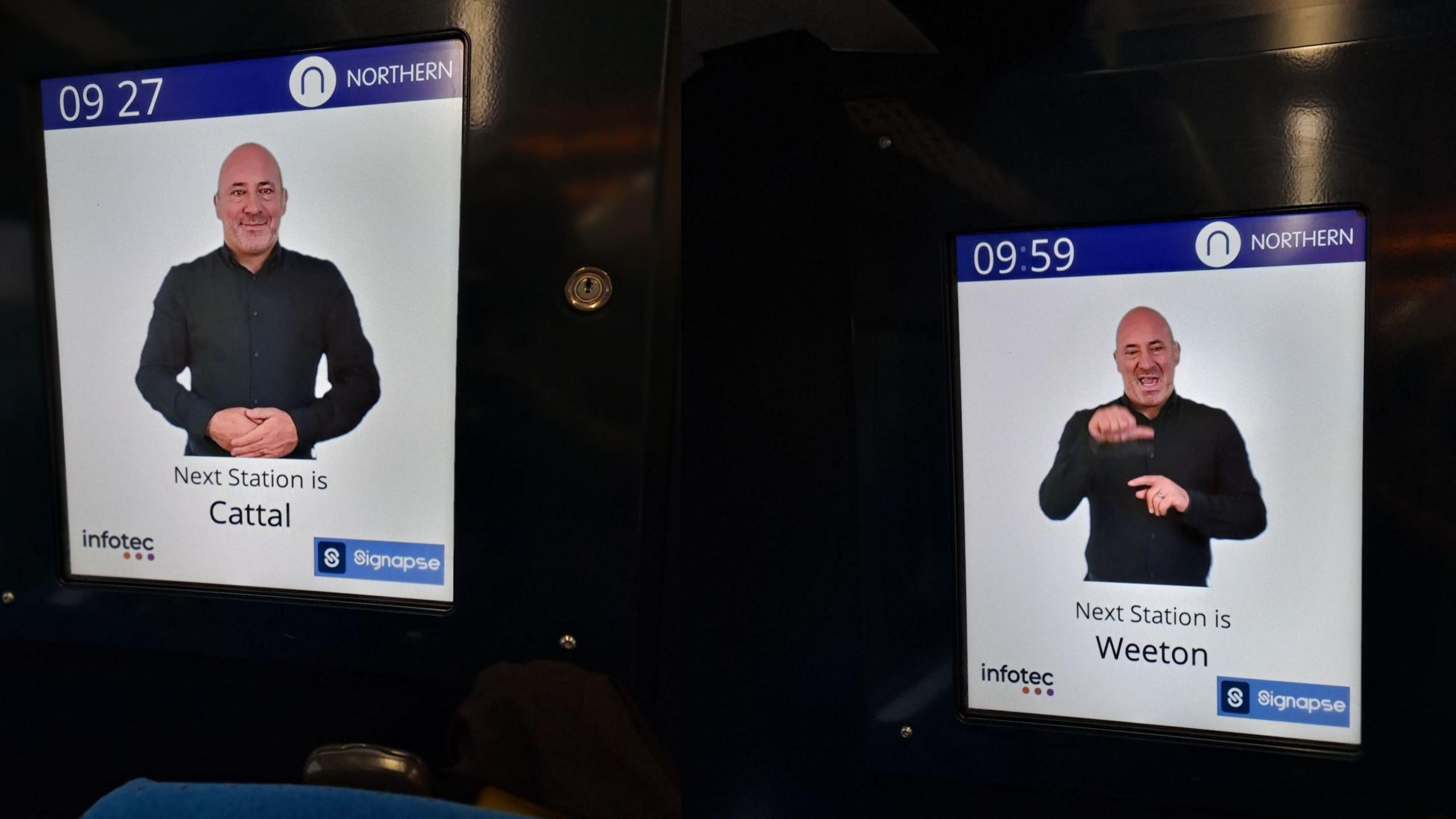 Two screens on a Northern train show a sign language interpreter, wearing a black shirt, announcing the train's next stop.
