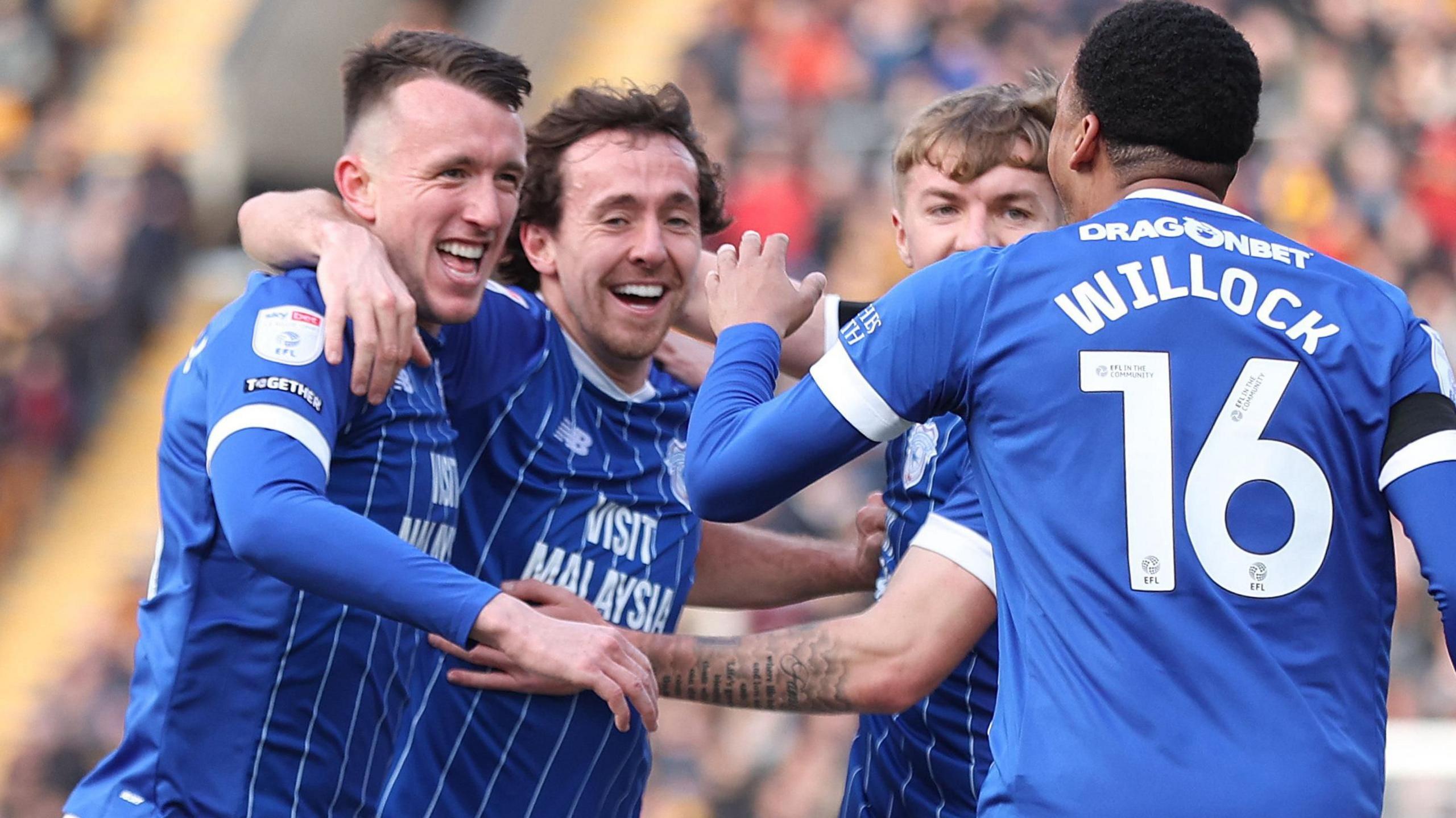 David Turnbull (left) celebrates his goal for Cardiff